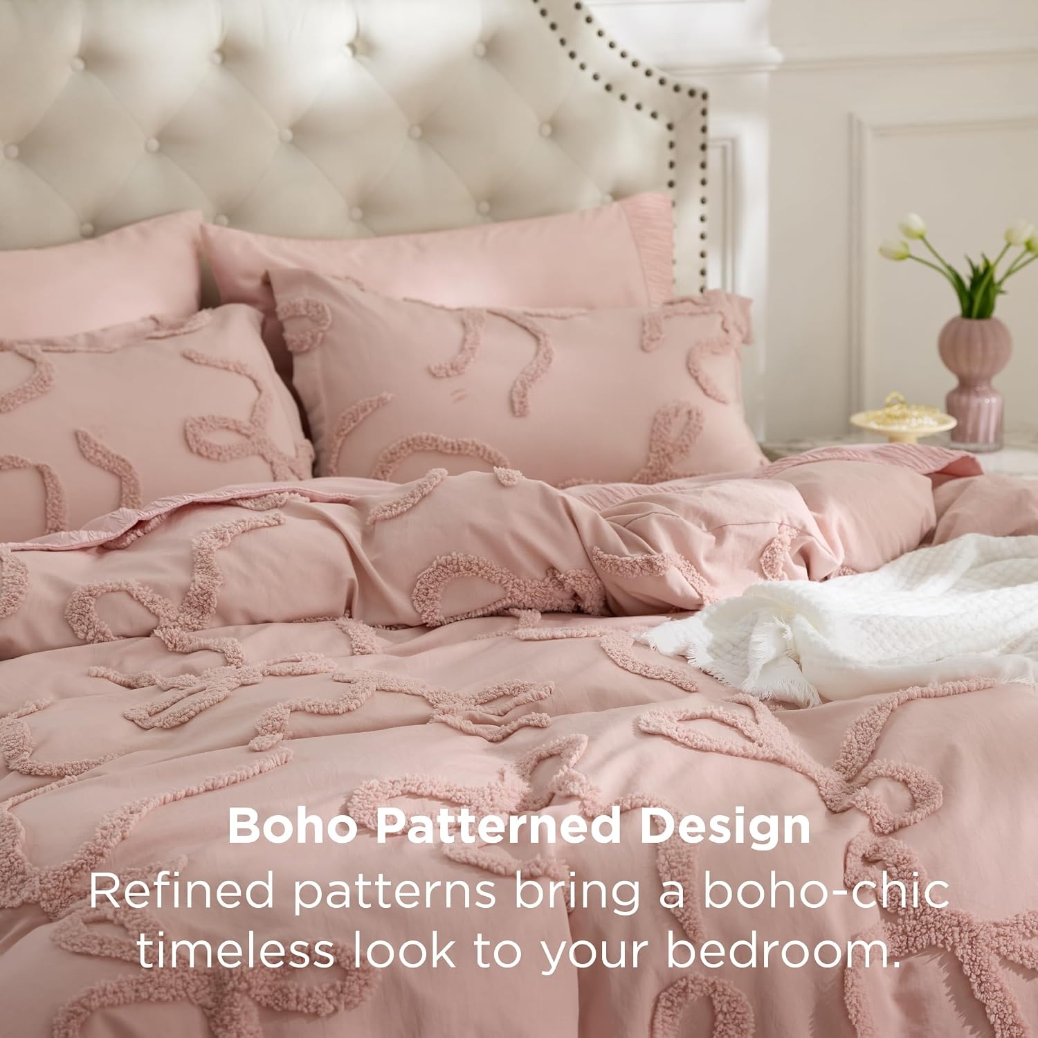 image:imageBedsure Pink King Size Comforter Set GentleSoft 3 Pieces Breathable Bow Comforter Set Women with 2 Pillow Shams Cute King Bedding Set Pink Room Decor Aesthetic Bedroom Decor 104x90 Inches04 Tufted Bow Rose Pink