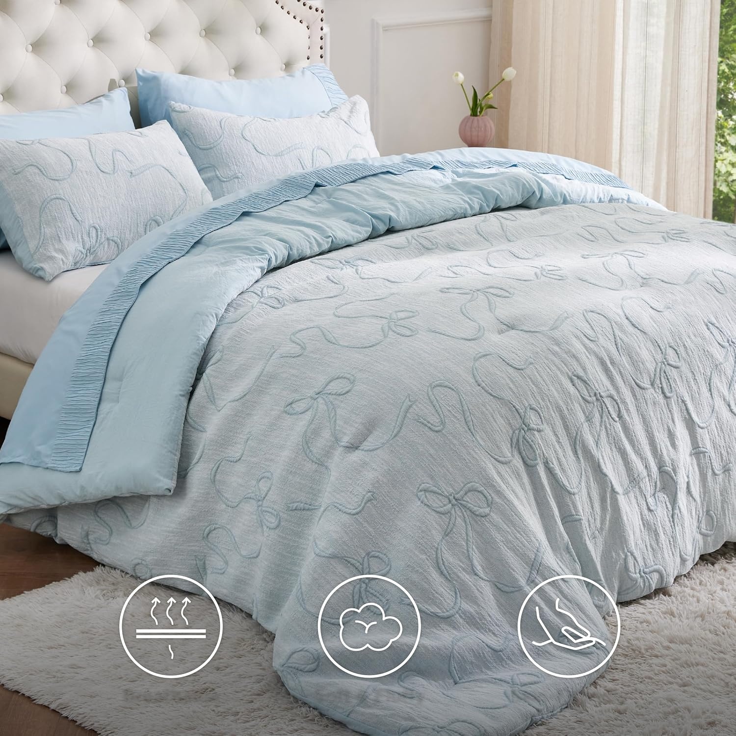 image:imageBedsure Pink King Size Comforter Set GentleSoft 3 Pieces Breathable Bow Comforter Set Women with 2 Pillow Shams Cute King Bedding Set Pink Room Decor Aesthetic Bedroom Decor 104x90 Inches01 Bow Dusty Blue
