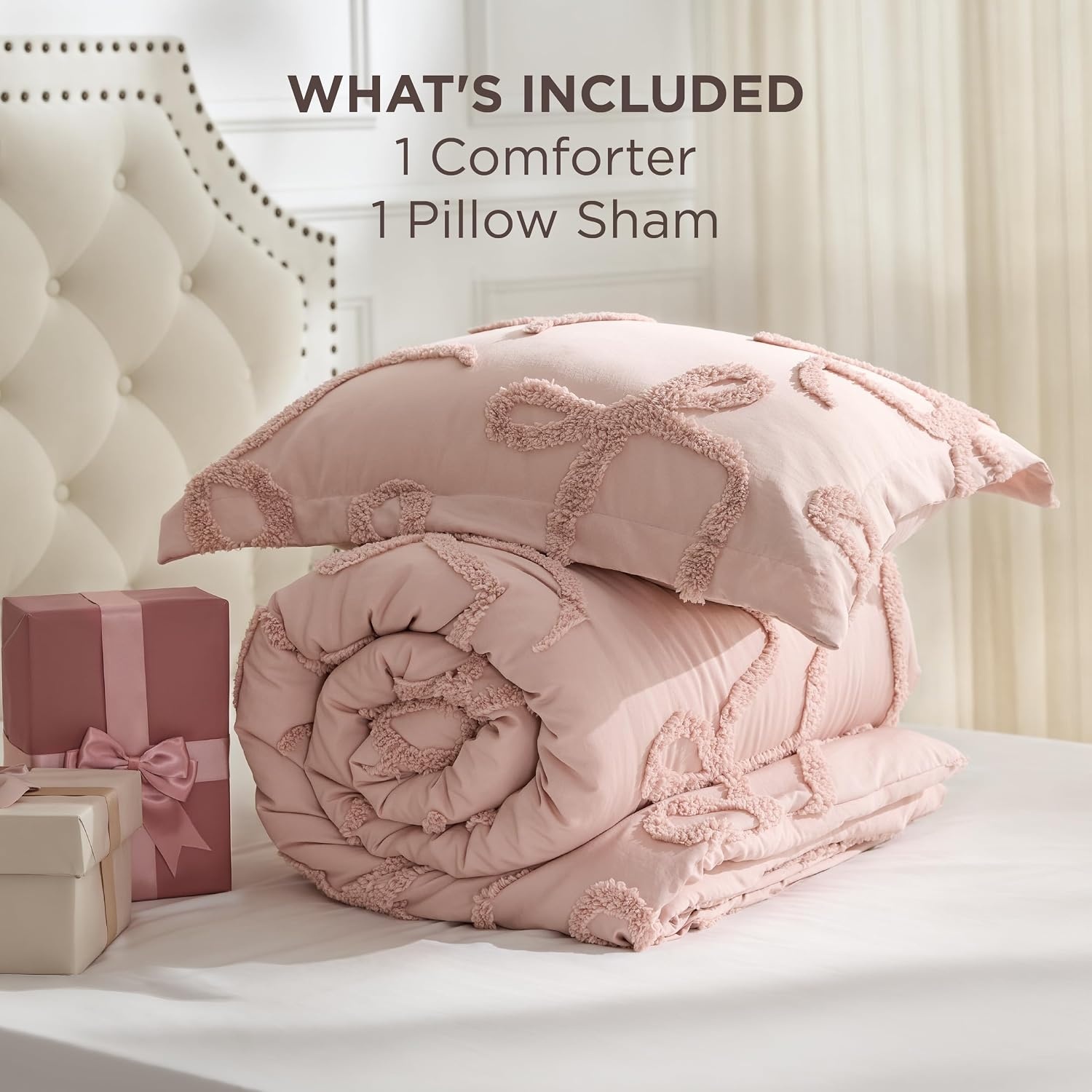 image:imageBedsure Pink King Size Comforter Set GentleSoft 3 Pieces Breathable Bow Comforter Set Women with 2 Pillow Shams Cute King Bedding Set Pink Room Decor Aesthetic Bedroom Decor 104x90 Inches04 Tufted Bow Rose Pink
