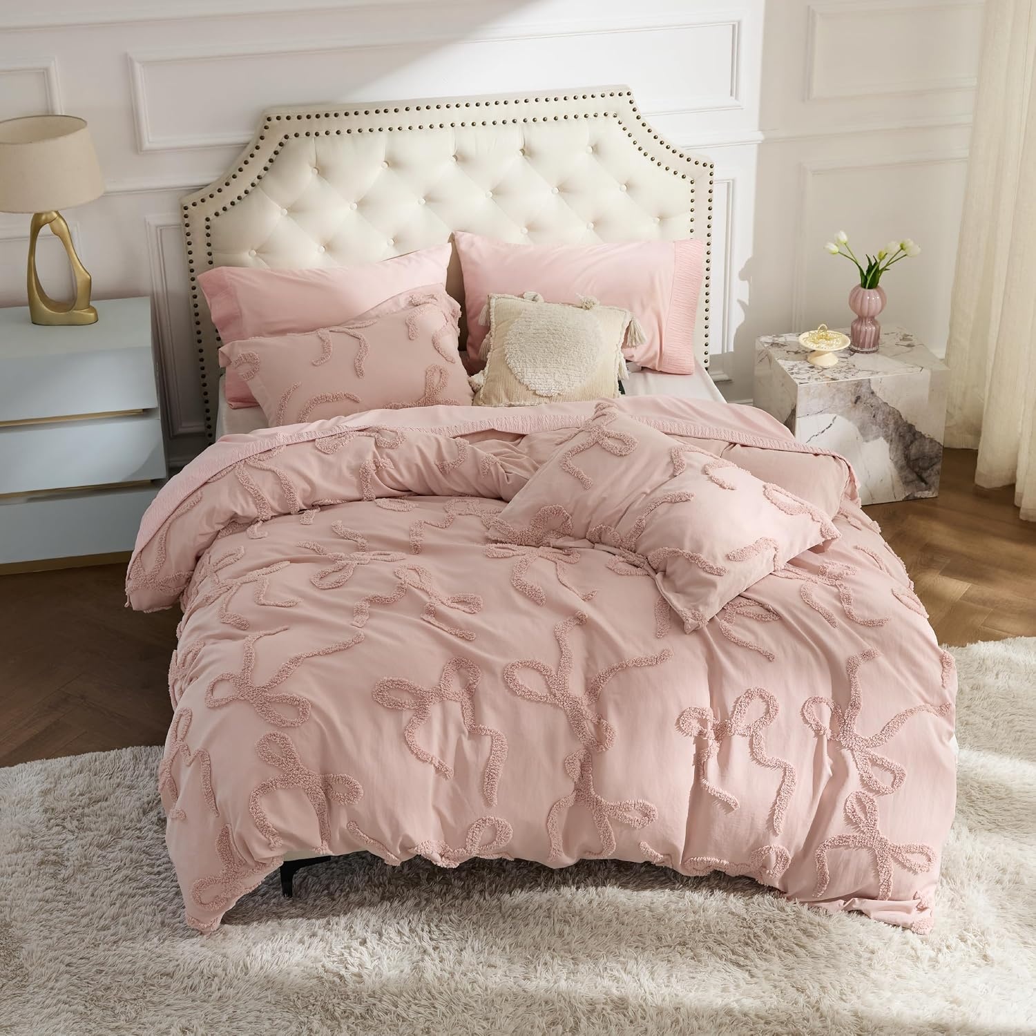 image:imageBedsure Pink King Size Comforter Set GentleSoft 3 Pieces Breathable Bow Comforter Set Women with 2 Pillow Shams Cute King Bedding Set Pink Room Decor Aesthetic Bedroom Decor 104x90 Inches04 Tufted Bow Rose Pink