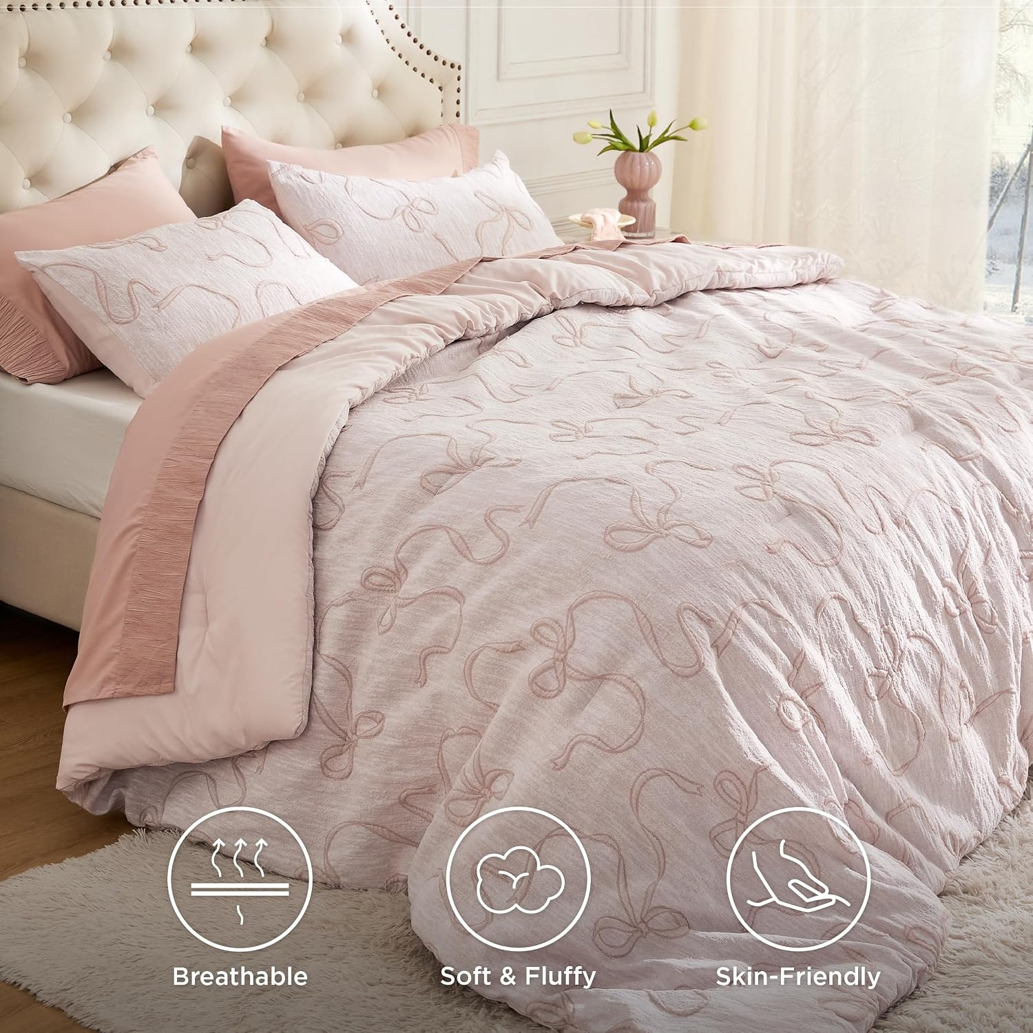 image:imageBedsure Pink King Size Comforter Set GentleSoft 3 Pieces Breathable Bow Comforter Set Women with 2 Pillow Shams Cute King Bedding Set Pink Room Decor Aesthetic Bedroom Decor 104x90 Inches01 Bow Pink