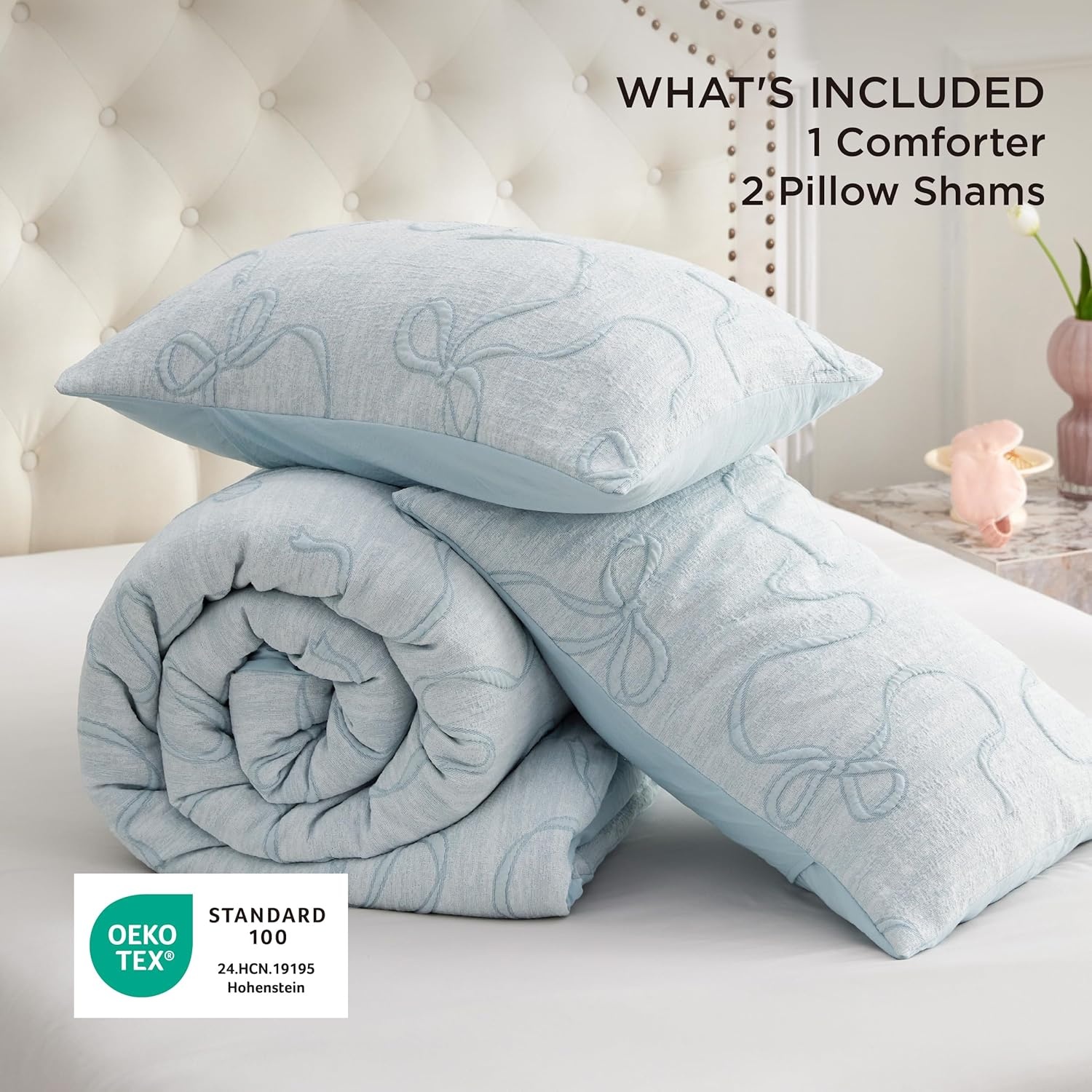 image:imageBedsure Pink King Size Comforter Set GentleSoft 3 Pieces Breathable Bow Comforter Set Women with 2 Pillow Shams Cute King Bedding Set Pink Room Decor Aesthetic Bedroom Decor 104x90 Inches01 Bow Dusty Blue