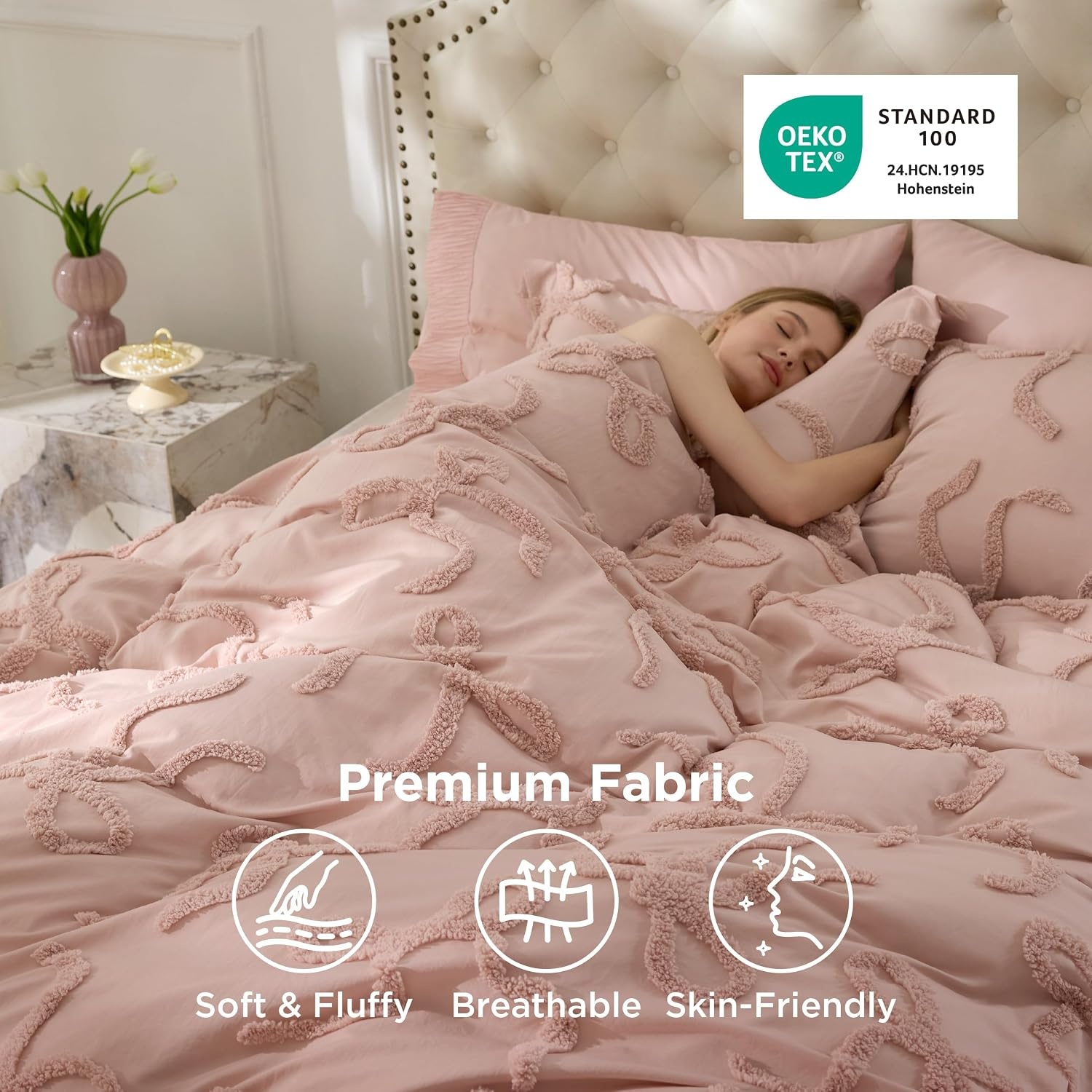image:imageBedsure Pink King Size Comforter Set GentleSoft 3 Pieces Breathable Bow Comforter Set Women with 2 Pillow Shams Cute King Bedding Set Pink Room Decor Aesthetic Bedroom Decor 104x90 Inches04 Tufted Bow Rose Pink