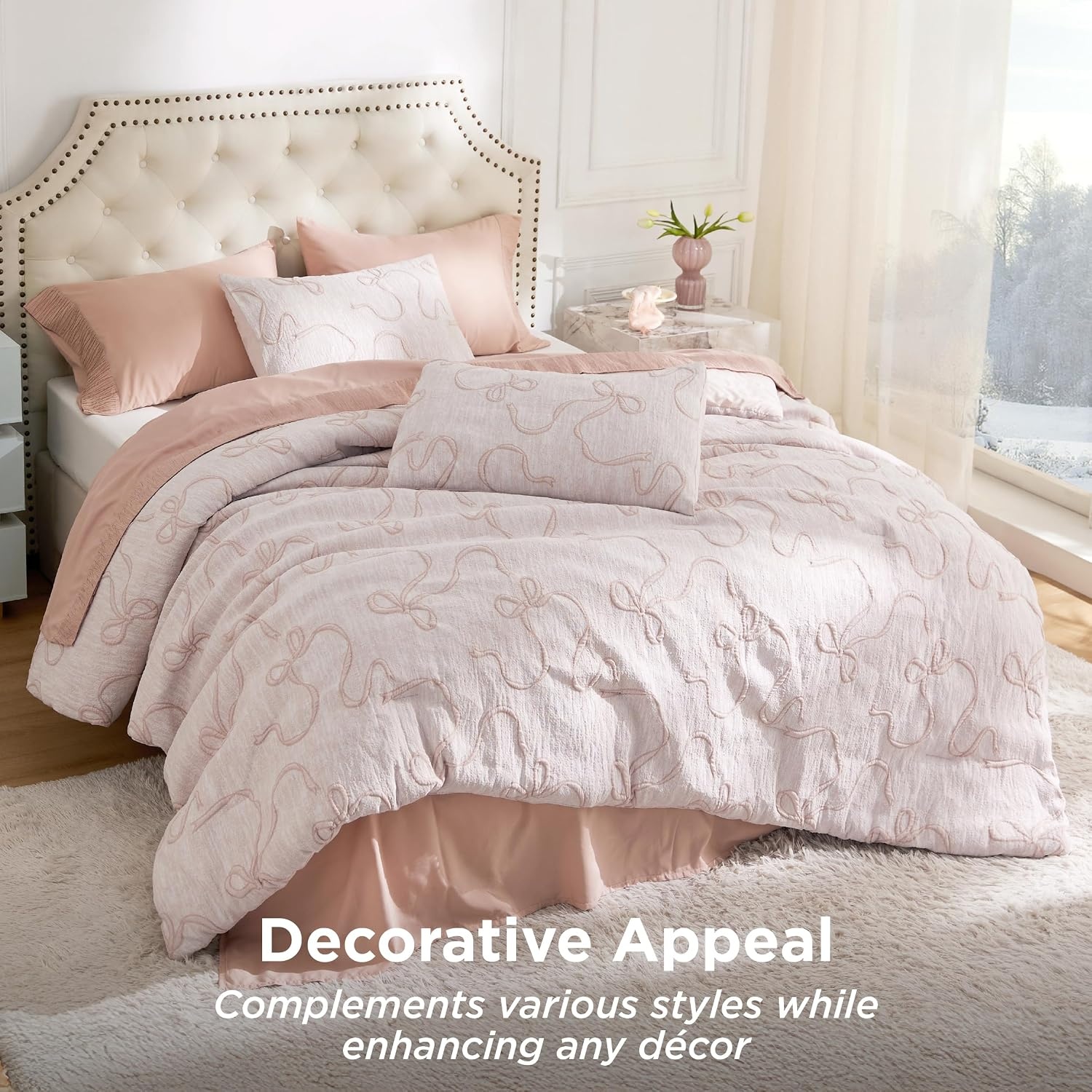 image:imageBedsure Pink King Size Comforter Set GentleSoft 3 Pieces Breathable Bow Comforter Set Women with 2 Pillow Shams Cute King Bedding Set Pink Room Decor Aesthetic Bedroom Decor 104x90 Inches01 Bow Pink