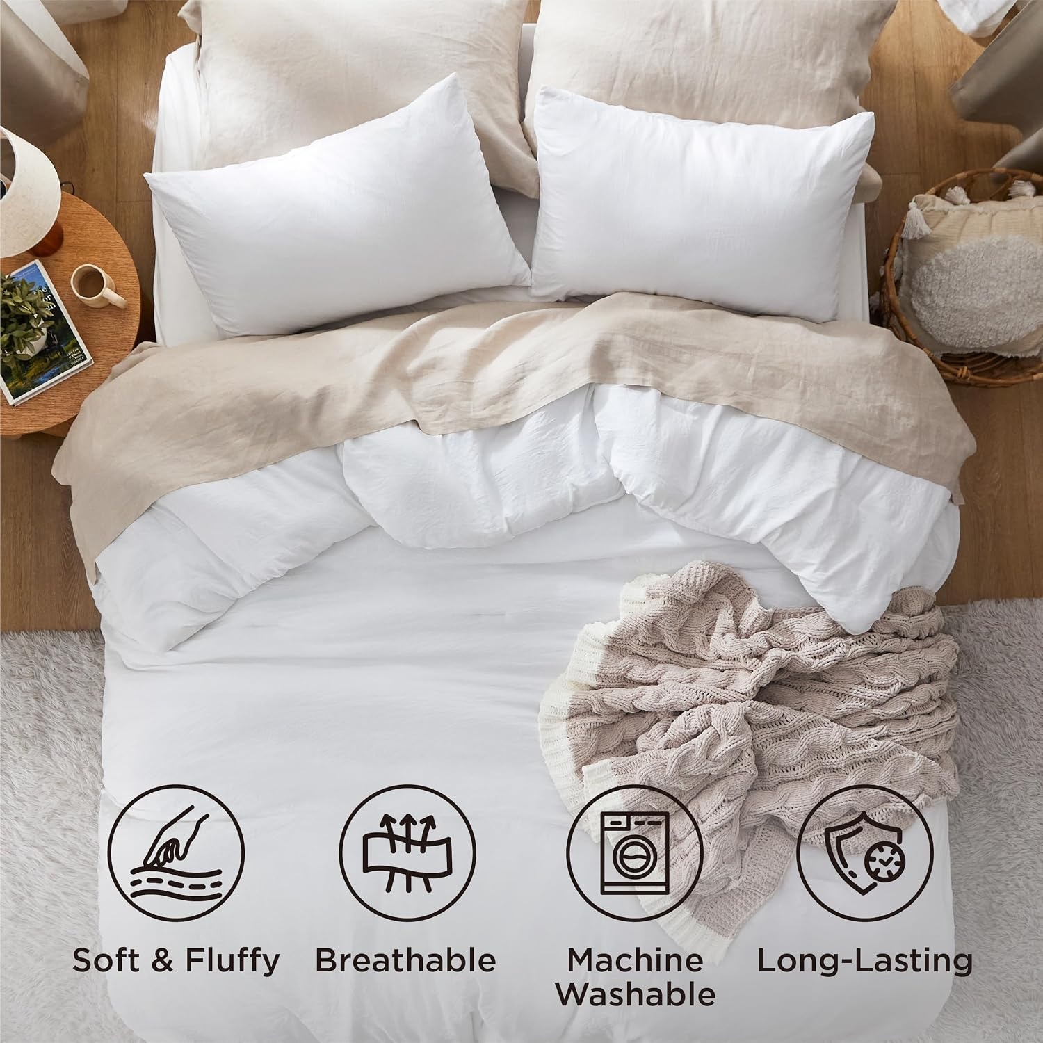 image:imageBedsure Queen Comforter Set Dark Gray Soft Prewashed Bedding for All Seasons 3 Pieces GentleSoft Bed Set 1 Lightweight Comforter 90x90 and 2 Pillowcases 20x2602 White