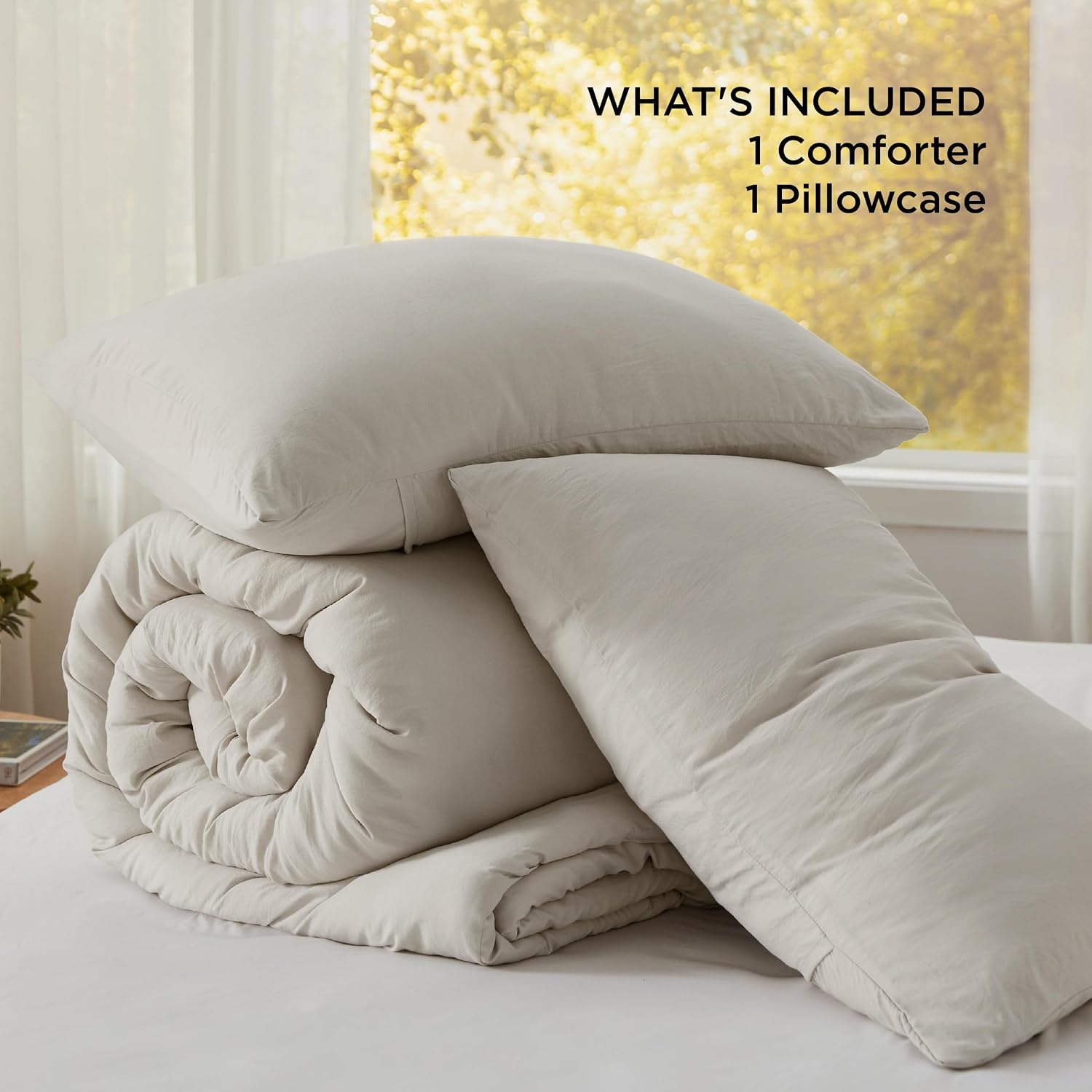 image:imageBedsure Queen Comforter Set Dark Gray Soft Prewashed Bedding for All Seasons 3 Pieces GentleSoft Bed Set 1 Lightweight Comforter 90x90 and 2 Pillowcases 20x2601 Beige