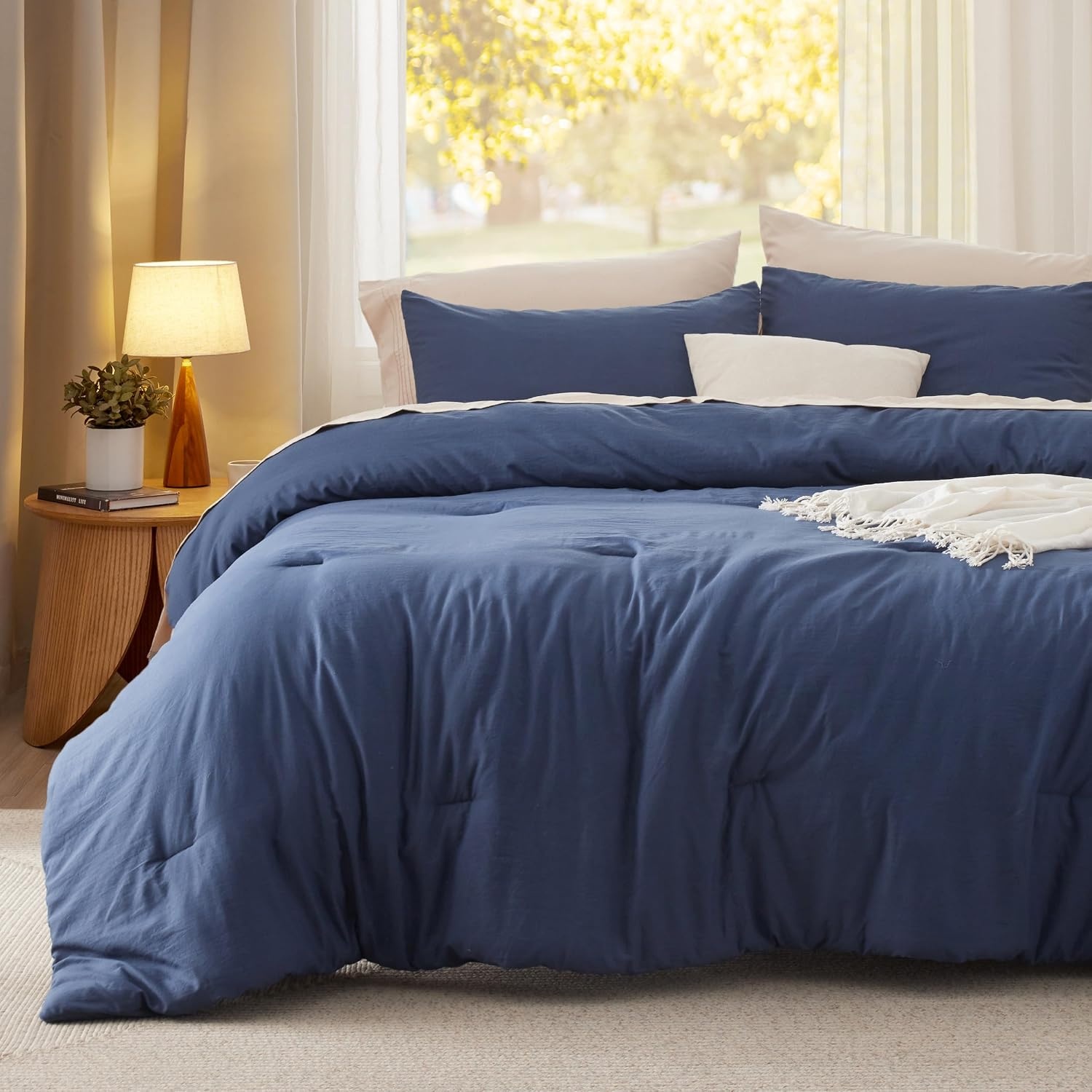 image:imageBedsure Queen Comforter Set Dark Gray Soft Prewashed Bedding for All Seasons 3 Pieces GentleSoft Bed Set 1 Lightweight Comforter 90x90 and 2 Pillowcases 20x2609 Navy