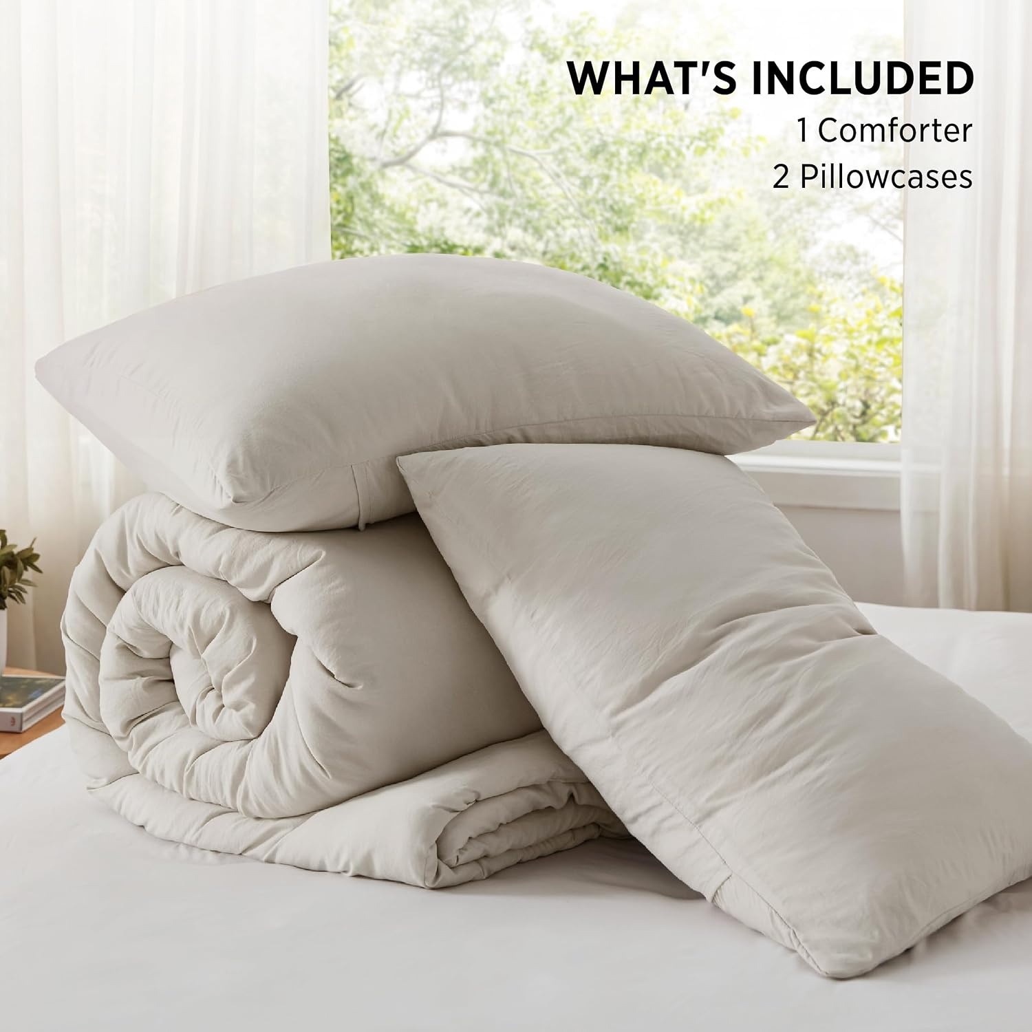 image:imageBedsure Queen Comforter Set Dark Gray Soft Prewashed Bedding for All Seasons 3 Pieces GentleSoft Bed Set 1 Lightweight Comforter 90x90 and 2 Pillowcases 20x2601 Beige