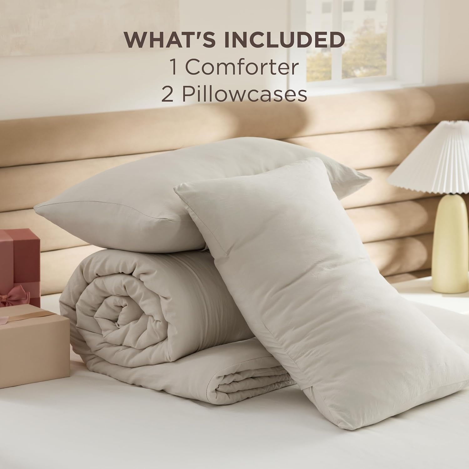 image:imageBedsure Queen Comforter Set Dark Gray Soft Prewashed Bedding for All Seasons 3 Pieces GentleSoft Bed Set 1 Lightweight Comforter 90x90 and 2 Pillowcases 20x2601 Beige