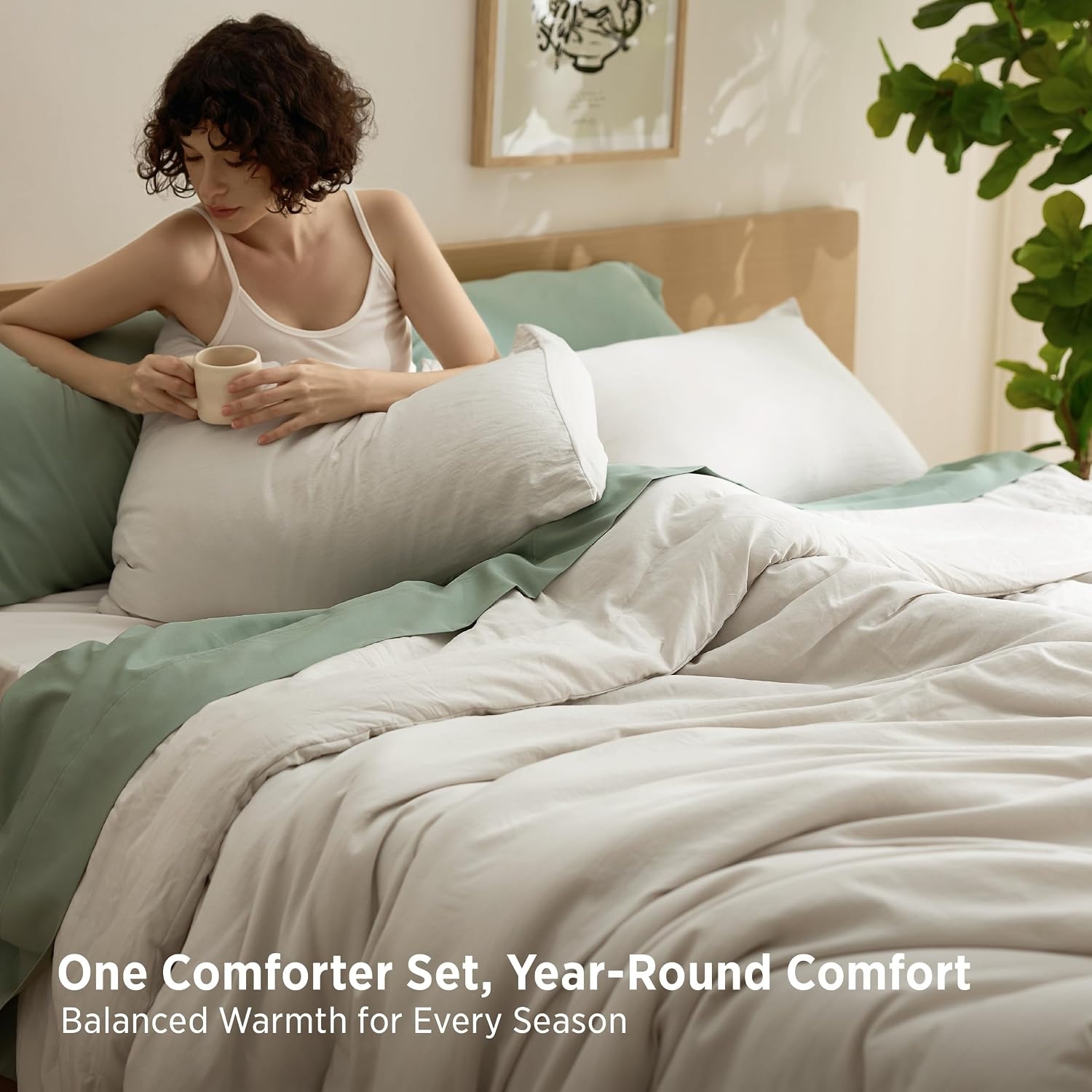 image:imageBedsure Queen Comforter Set Dark Gray Soft Prewashed Bedding for All Seasons 3 Pieces GentleSoft Bed Set 1 Lightweight Comforter 90x90 and 2 Pillowcases 20x2601 Beige