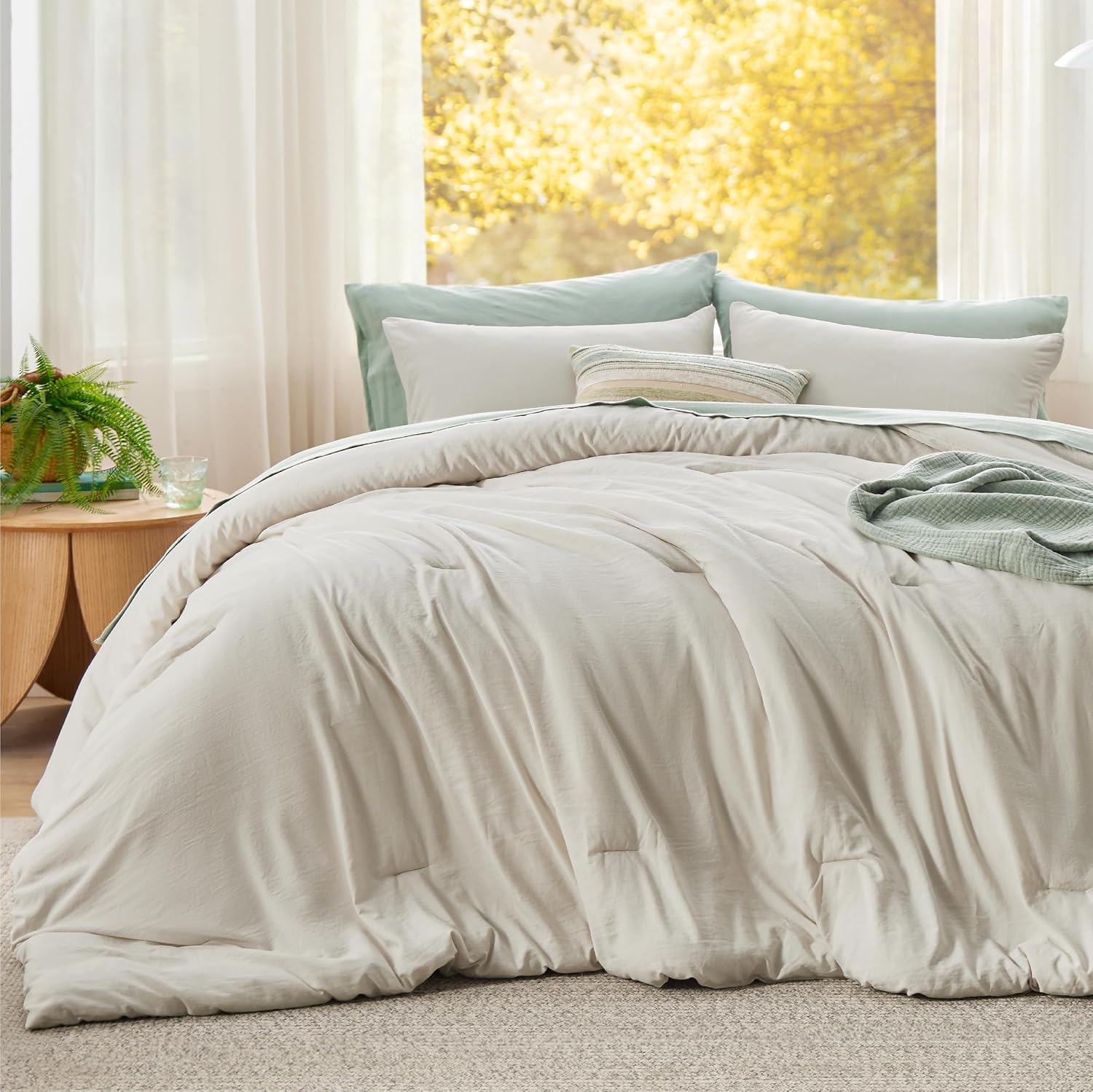 image:imageBedsure Queen Comforter Set Dark Gray Soft Prewashed Bedding for All Seasons 3 Pieces GentleSoft Bed Set 1 Lightweight Comforter 90x90 and 2 Pillowcases 20x2601 Beige