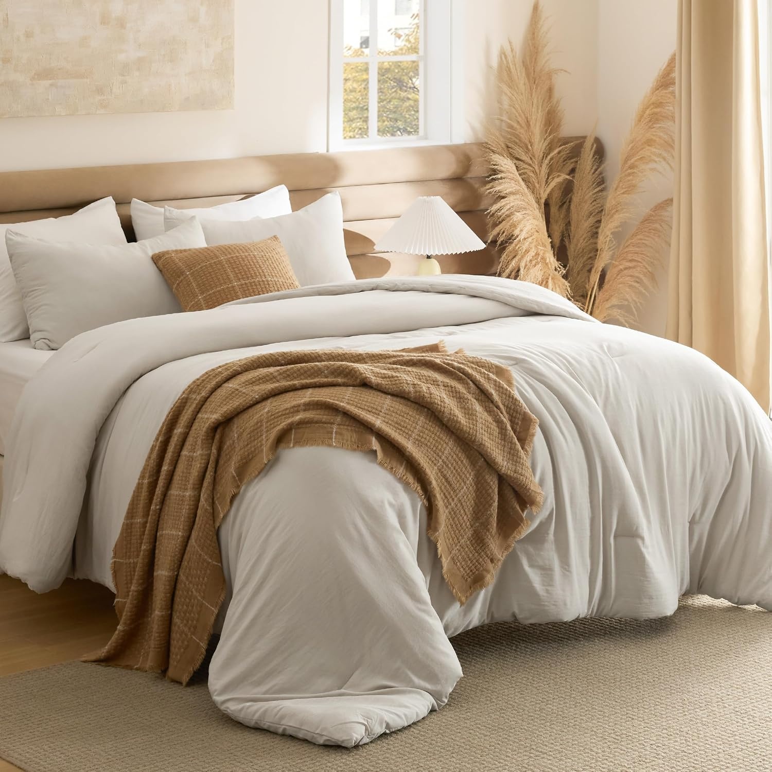 image:imageBedsure Queen Comforter Set Dark Gray Soft Prewashed Bedding for All Seasons 3 Pieces GentleSoft Bed Set 1 Lightweight Comforter 90x90 and 2 Pillowcases 20x2601 Beige