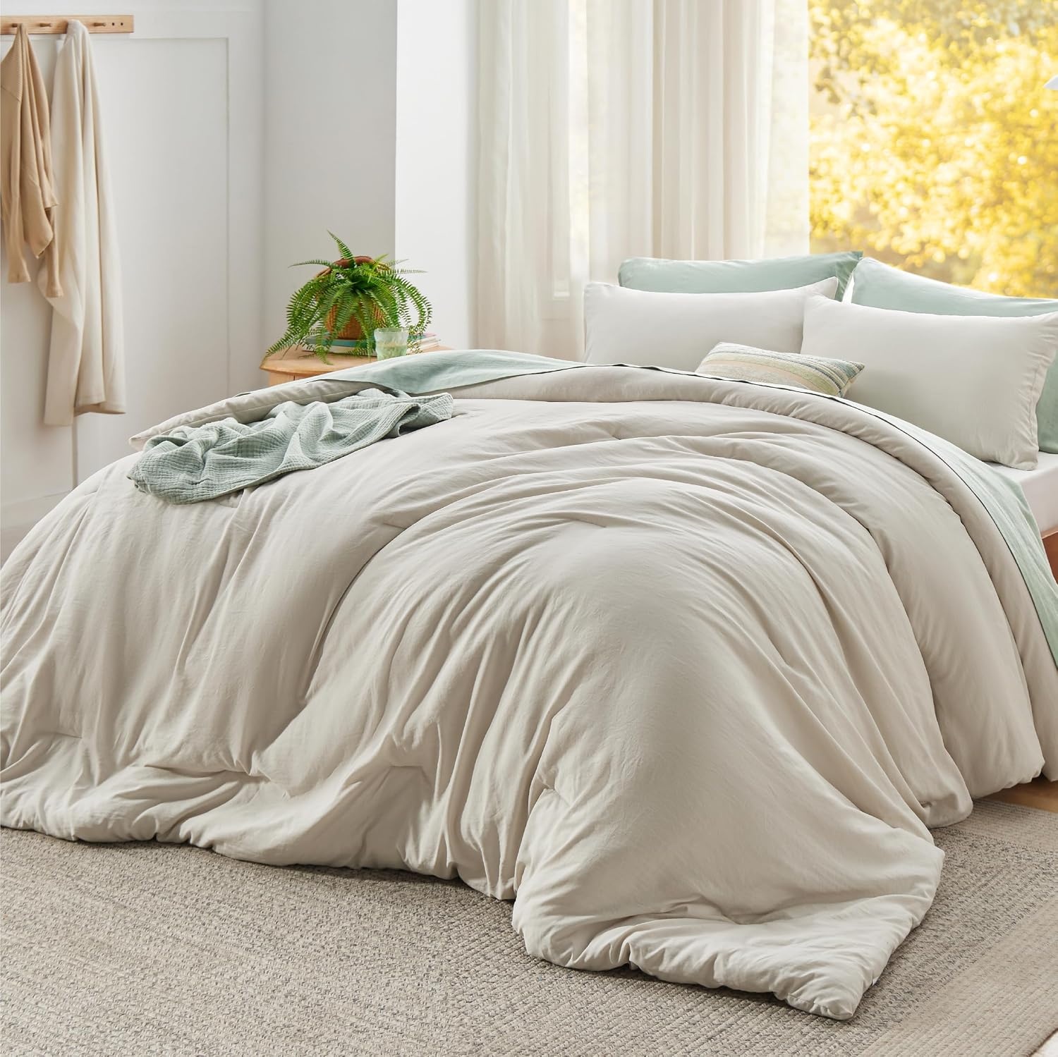 image:imageBedsure Queen Comforter Set Dark Gray Soft Prewashed Bedding for All Seasons 3 Pieces GentleSoft Bed Set 1 Lightweight Comforter 90x90 and 2 Pillowcases 20x2601 Beige