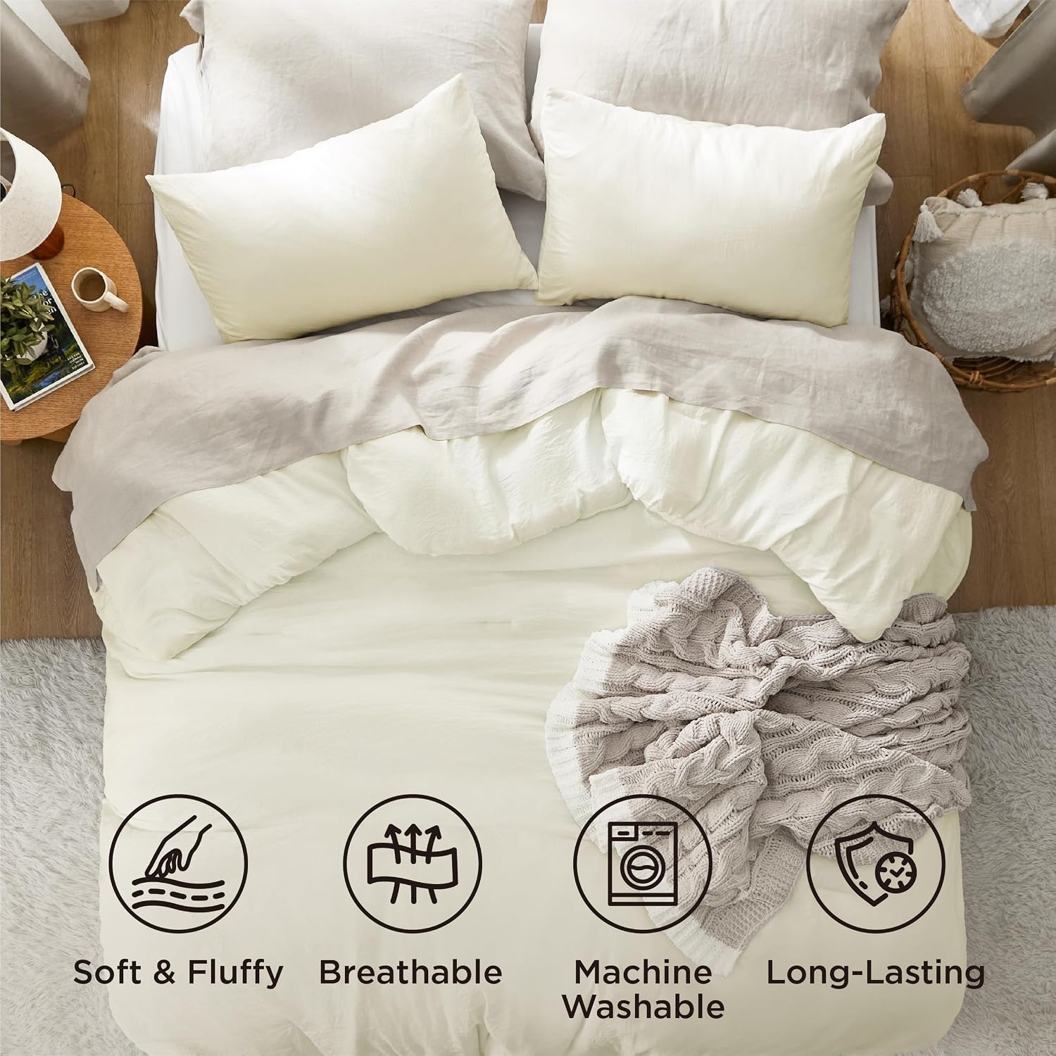 image:imageBedsure Queen Comforter Set Dark Gray Soft Prewashed Bedding for All Seasons 3 Pieces GentleSoft Bed Set 1 Lightweight Comforter 90x90 and 2 Pillowcases 20x2618 Ivory
