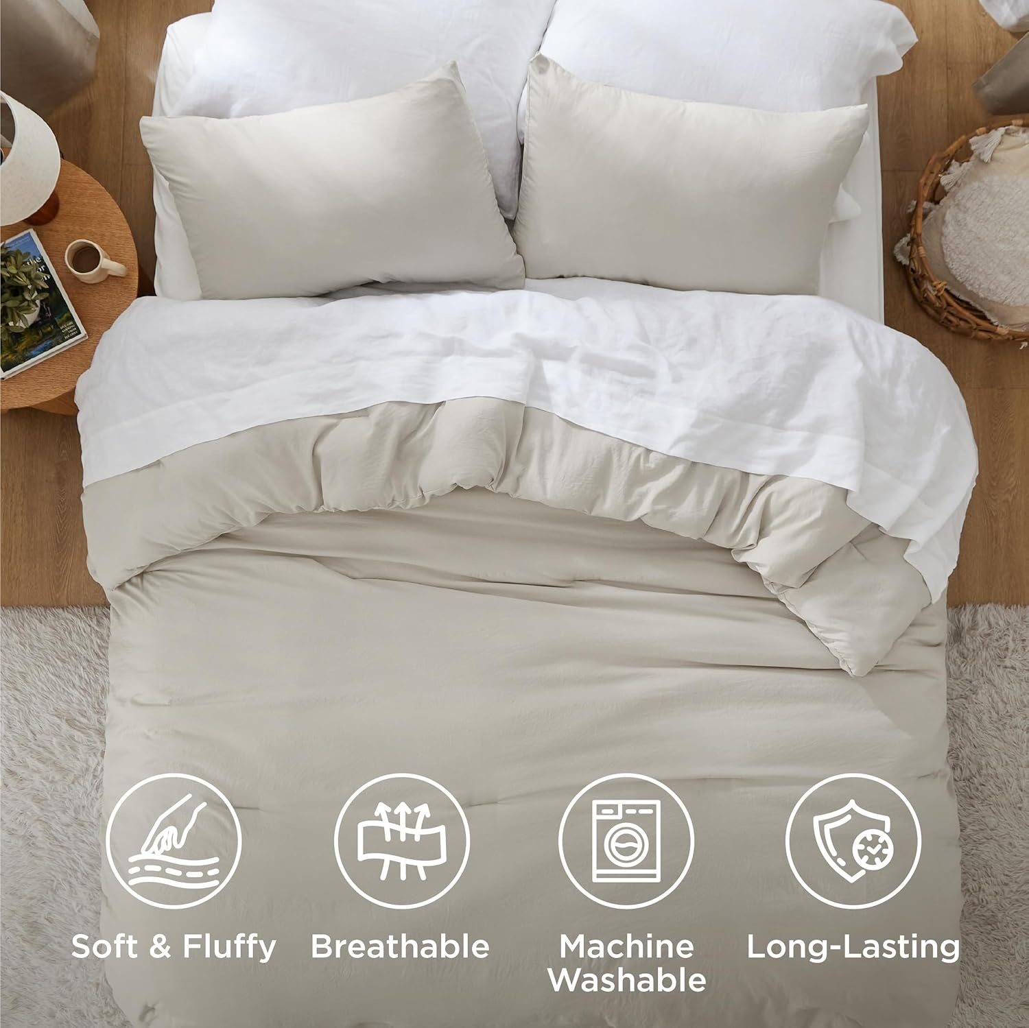 image:imageBedsure Queen Comforter Set Dark Gray Soft Prewashed Bedding for All Seasons 3 Pieces GentleSoft Bed Set 1 Lightweight Comforter 90x90 and 2 Pillowcases 20x2601 Beige