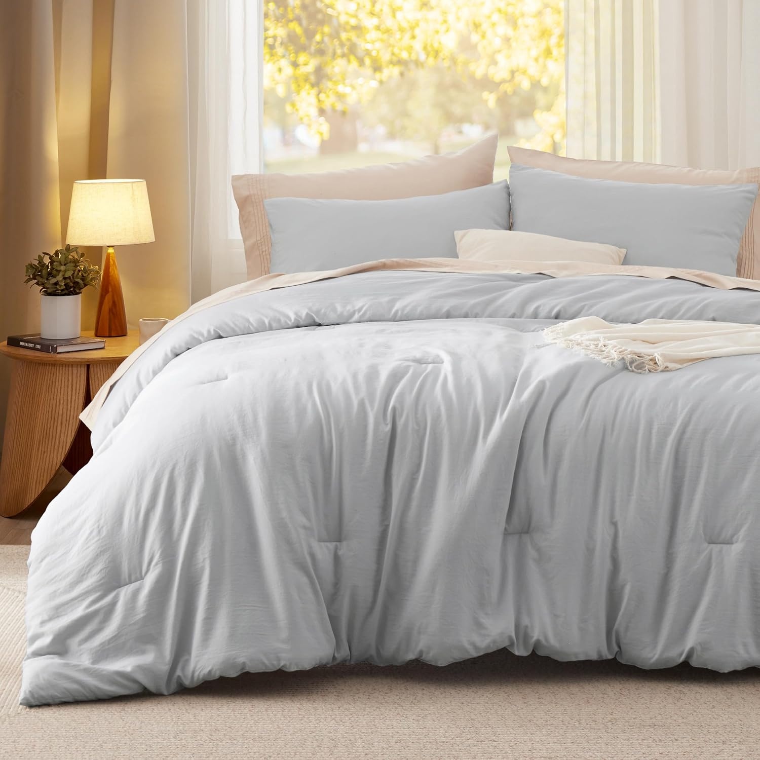 image:imageBedsure Queen Comforter Set Dark Gray Soft Prewashed Bedding for All Seasons 3 Pieces GentleSoft Bed Set 1 Lightweight Comforter 90x90 and 2 Pillowcases 20x2612 Light Grey