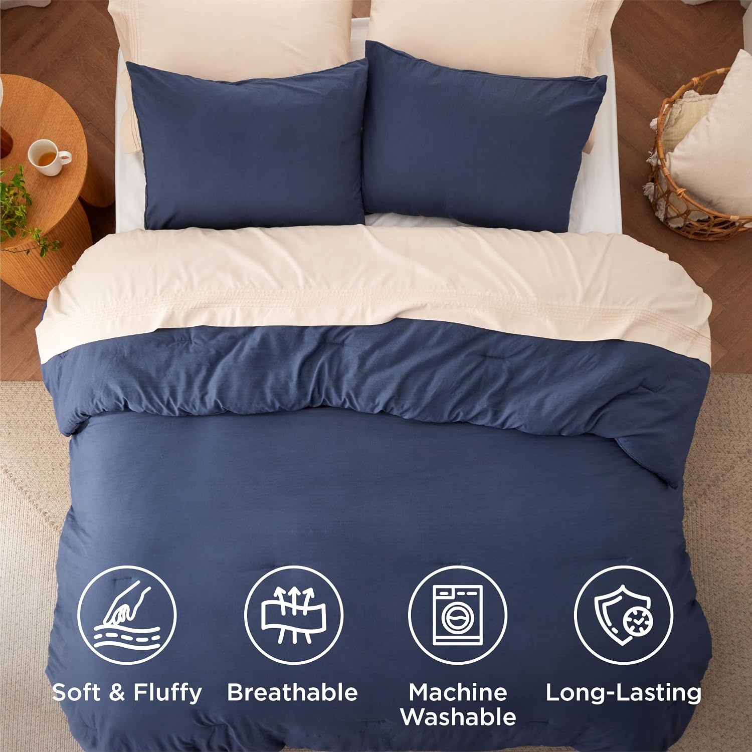 image:imageBedsure Queen Comforter Set Dark Gray Soft Prewashed Bedding for All Seasons 3 Pieces GentleSoft Bed Set 1 Lightweight Comforter 90x90 and 2 Pillowcases 20x2609 Navy
