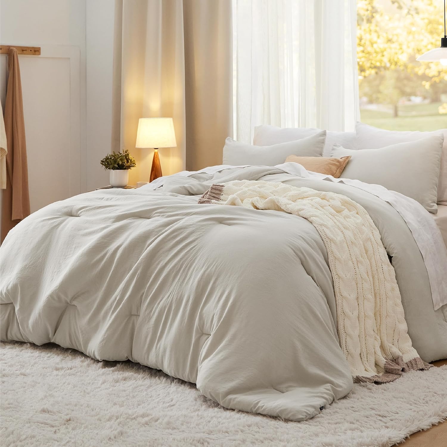 image:imageBedsure Queen Comforter Set Dark Gray Soft Prewashed Bedding for All Seasons 3 Pieces GentleSoft Bed Set 1 Lightweight Comforter 90x90 and 2 Pillowcases 20x2601 Beige