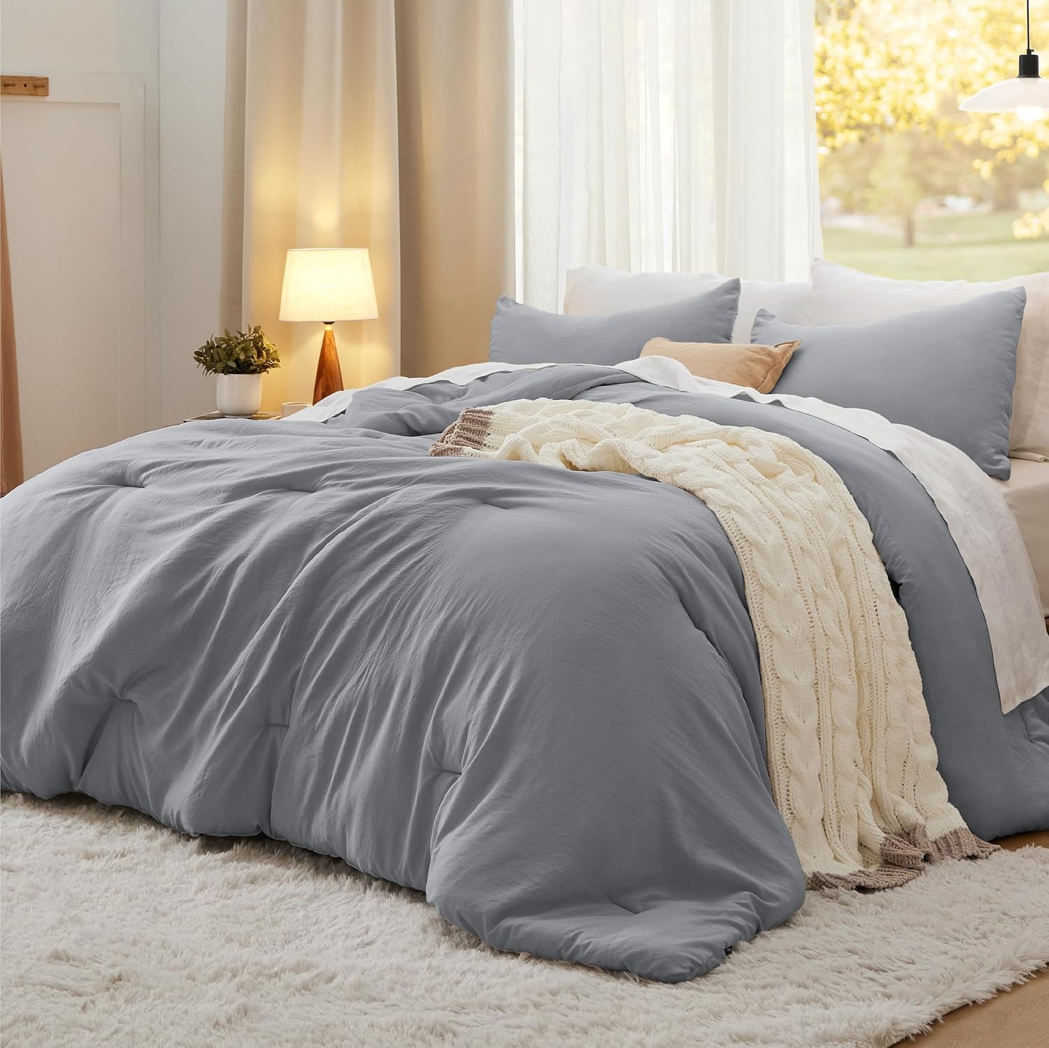 image:imageBedsure Queen Comforter Set Dark Gray Soft Prewashed Bedding for All Seasons 3 Pieces GentleSoft Bed Set 1 Lightweight Comforter 90x90 and 2 Pillowcases 20x2605 Grey