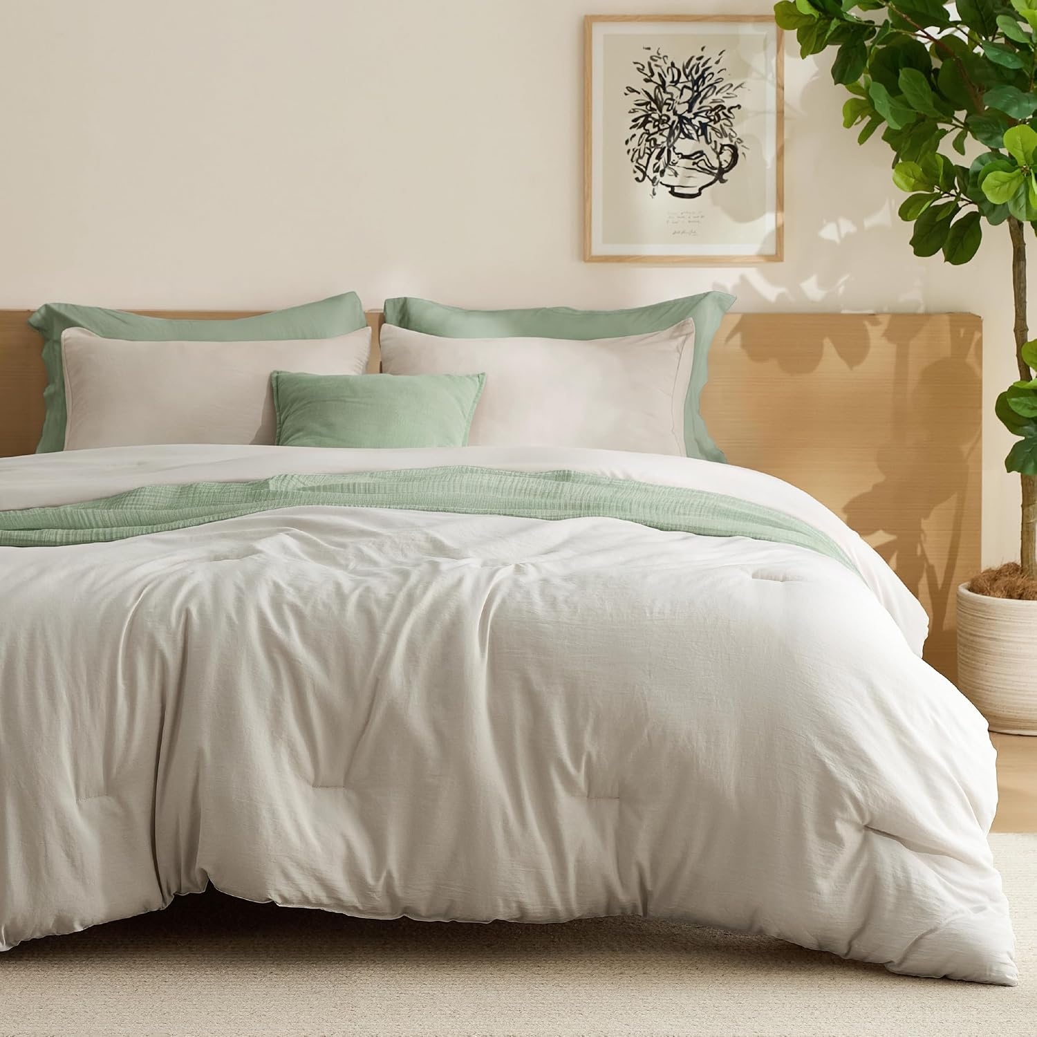 image:imageBedsure Queen Comforter Set Dark Gray Soft Prewashed Bedding for All Seasons 3 Pieces GentleSoft Bed Set 1 Lightweight Comforter 90x90 and 2 Pillowcases 20x2601 Beige