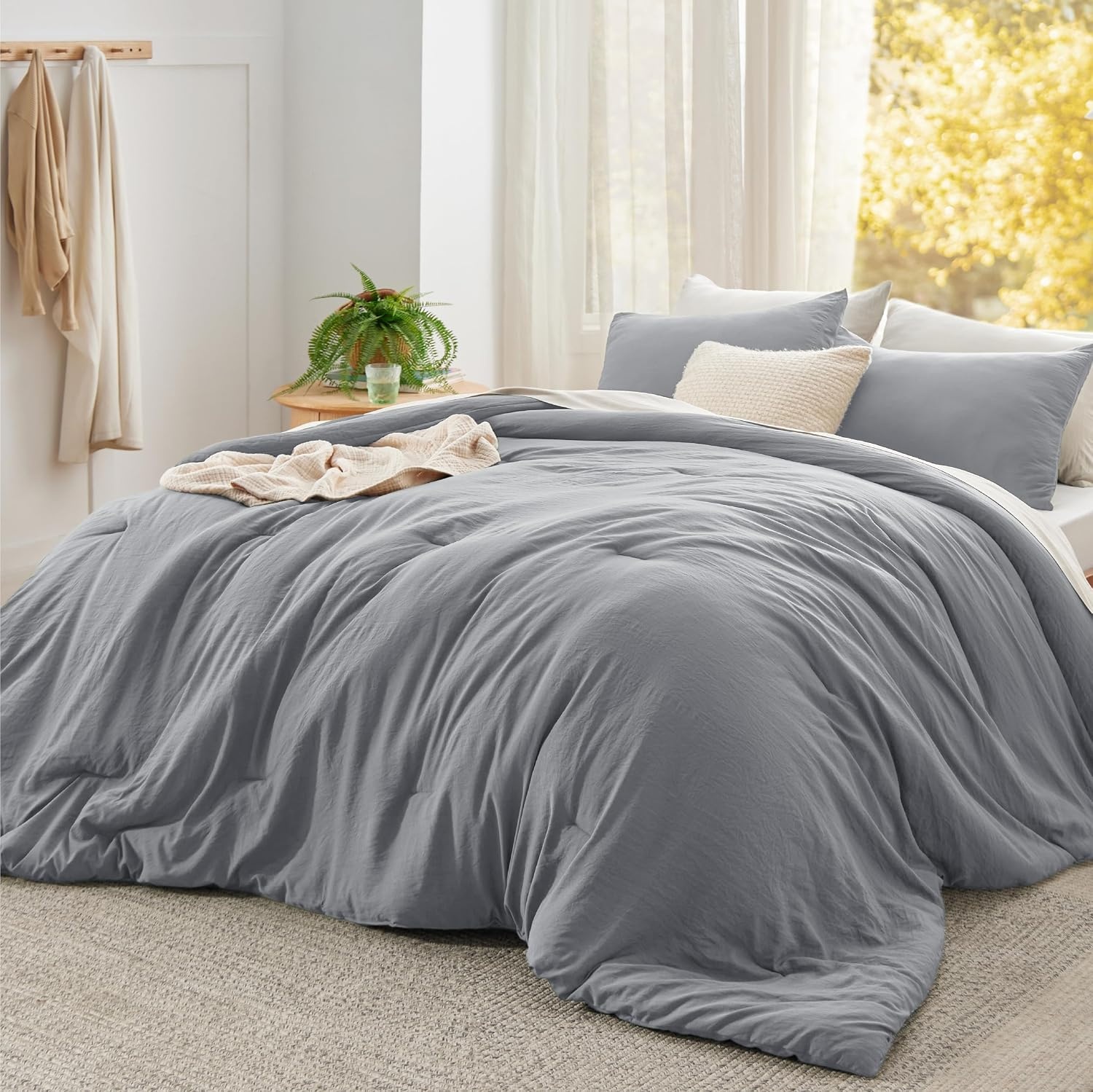 image:imageBedsure Queen Comforter Set Dark Gray Soft Prewashed Bedding for All Seasons 3 Pieces GentleSoft Bed Set 1 Lightweight Comforter 90x90 and 2 Pillowcases 20x2605 Grey