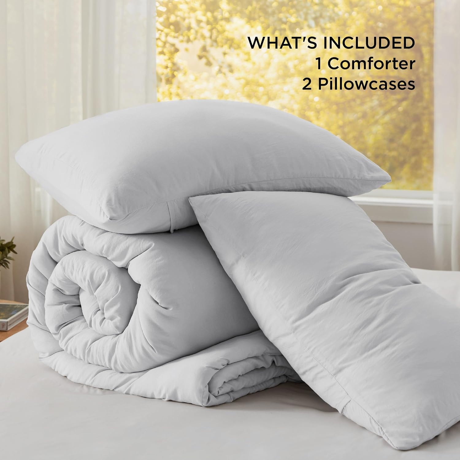 image:imageBedsure Queen Comforter Set Dark Gray Soft Prewashed Bedding for All Seasons 3 Pieces GentleSoft Bed Set 1 Lightweight Comforter 90x90 and 2 Pillowcases 20x2612 Light Grey
