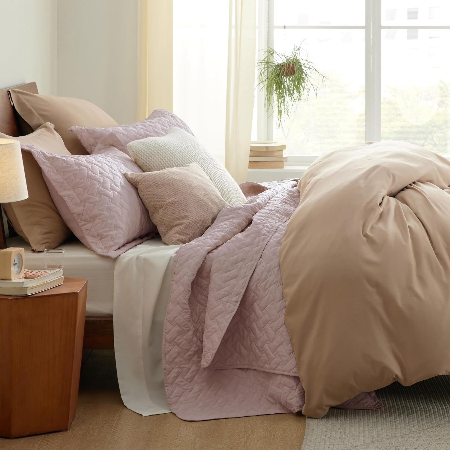 image:imageBedsure Queen Size Quilt Lightweight Comforter Set Mineral Blue Bedspread Coverlet Basket Weave AllSeason Comfort SkinFriendly Soft Breathable Machine Washable 90x96 3 Pcs 2 Pillow Shams23 Dusty Rose