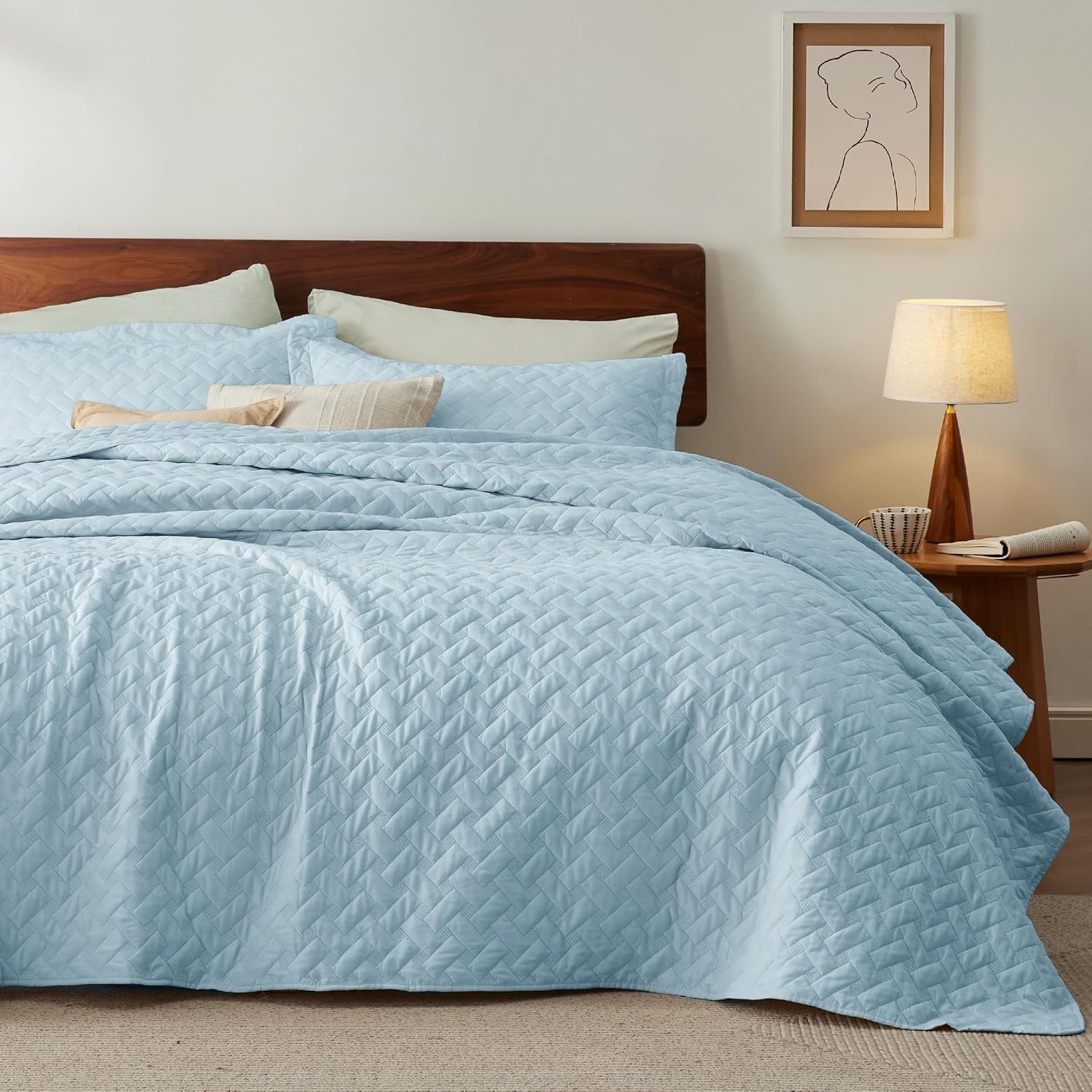 image:imageBedsure Queen Size Quilt Lightweight Comforter Set Mineral Blue Bedspread Coverlet Basket Weave AllSeason Comfort SkinFriendly Soft Breathable Machine Washable 90x96 3 Pcs 2 Pillow Shams25 Sky Blue