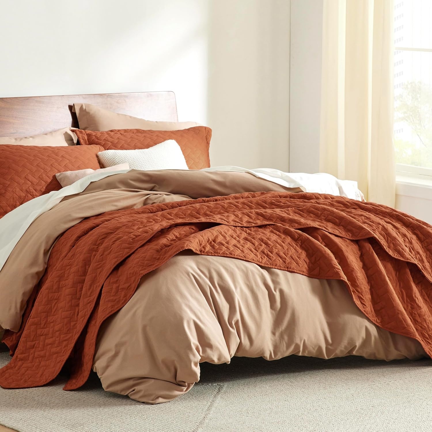 image:imageBedsure Queen Size Quilt Lightweight Comforter Set Mineral Blue Bedspread Coverlet Basket Weave AllSeason Comfort SkinFriendly Soft Breathable Machine Washable 90x96 3 Pcs 2 Pillow Shams18 Red Orange