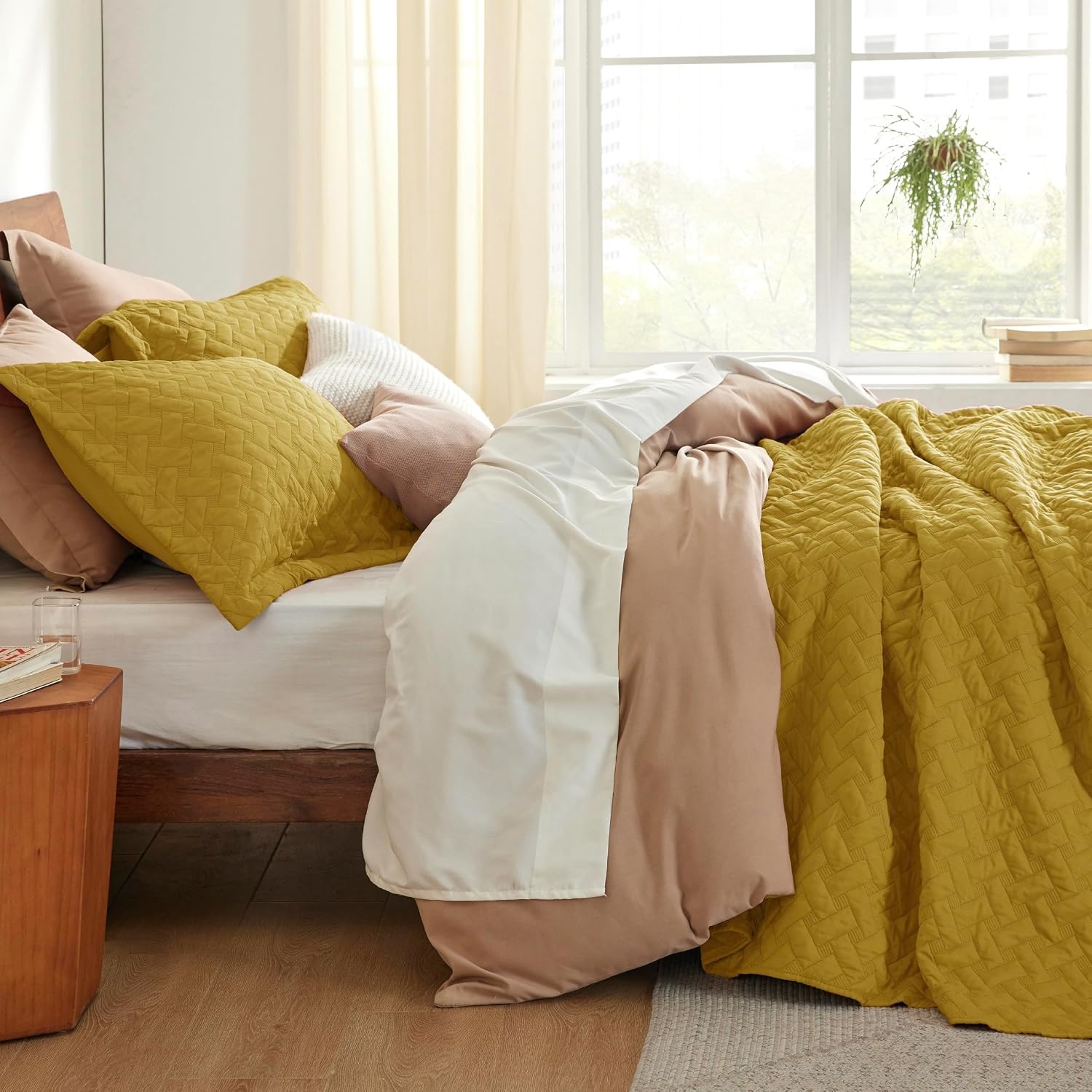image:imageBedsure Queen Size Quilt Lightweight Comforter Set Mineral Blue Bedspread Coverlet Basket Weave AllSeason Comfort SkinFriendly Soft Breathable Machine Washable 90x96 3 Pcs 2 Pillow Shams26 Mustard Yellow