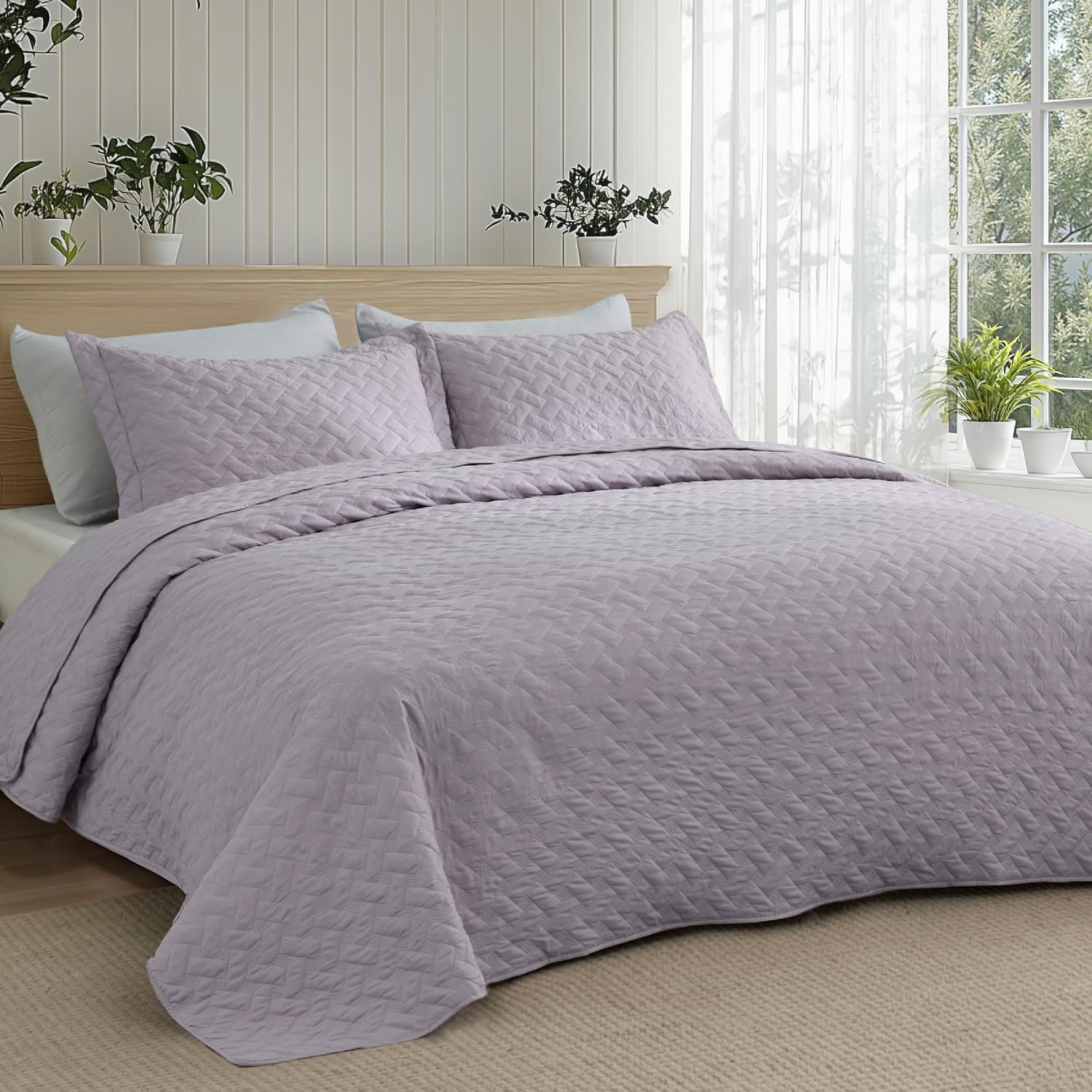image:imageBedsure Queen Size Quilt Lightweight Comforter Set Mineral Blue Bedspread Coverlet Basket Weave AllSeason Comfort SkinFriendly Soft Breathable Machine Washable 90x96 3 Pcs 2 Pillow Shams22 Light Purple