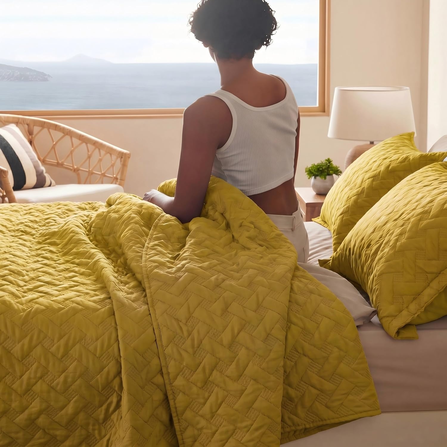 image:imageBedsure Queen Size Quilt Lightweight Comforter Set Mineral Blue Bedspread Coverlet Basket Weave AllSeason Comfort SkinFriendly Soft Breathable Machine Washable 90x96 3 Pcs 2 Pillow Shams26 Mustard Yellow