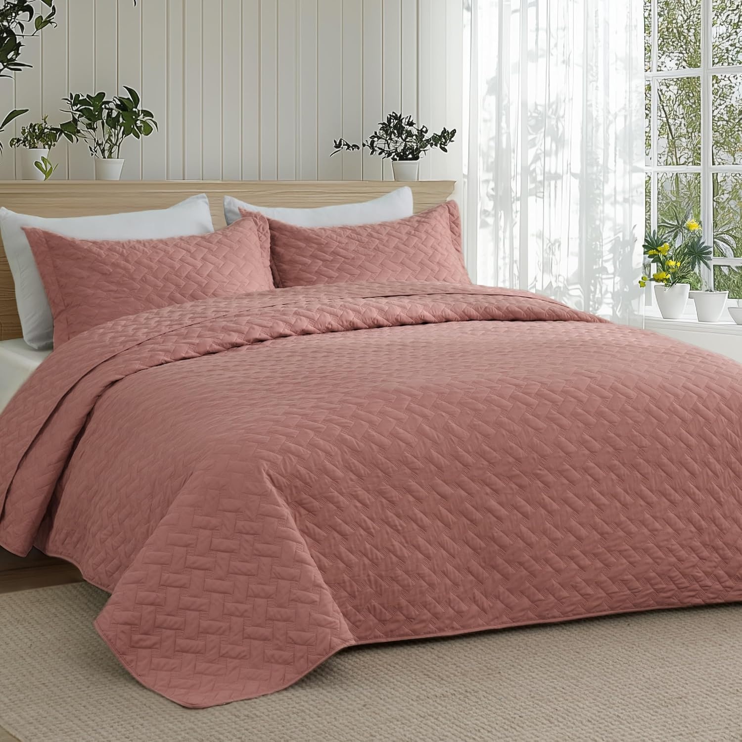 image:imageBedsure Queen Size Quilt Lightweight Comforter Set Mineral Blue Bedspread Coverlet Basket Weave AllSeason Comfort SkinFriendly Soft Breathable Machine Washable 90x96 3 Pcs 2 Pillow Shams24 Grayish Pink