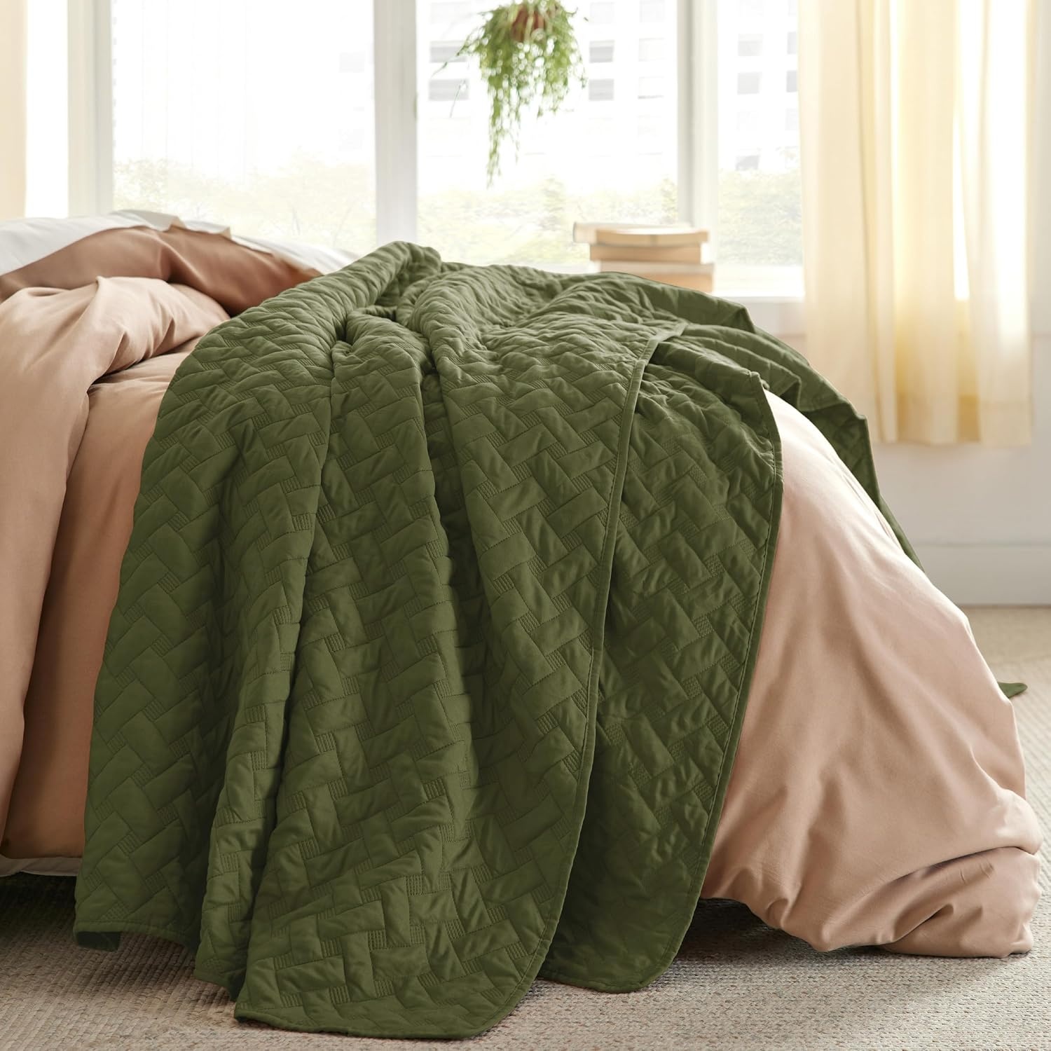 image:imageBedsure Queen Size Quilt Lightweight Comforter Set Mineral Blue Bedspread Coverlet Basket Weave AllSeason Comfort SkinFriendly Soft Breathable Machine Washable 90x96 3 Pcs 2 Pillow Shams15 Olive Green