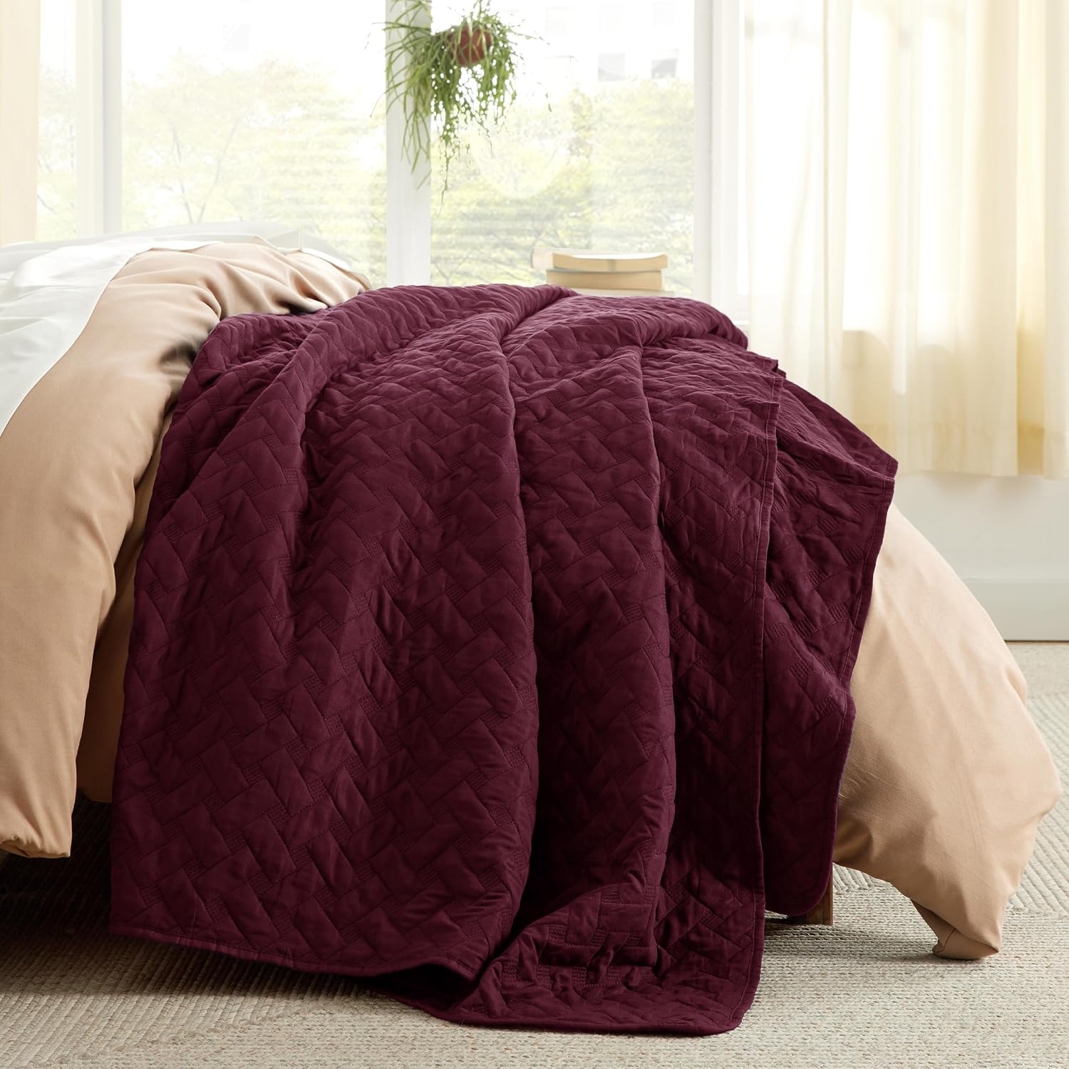 image:imageBedsure Queen Size Quilt Lightweight Comforter Set Mineral Blue Bedspread Coverlet Basket Weave AllSeason Comfort SkinFriendly Soft Breathable Machine Washable 90x96 3 Pcs 2 Pillow Shams30 Burgundy