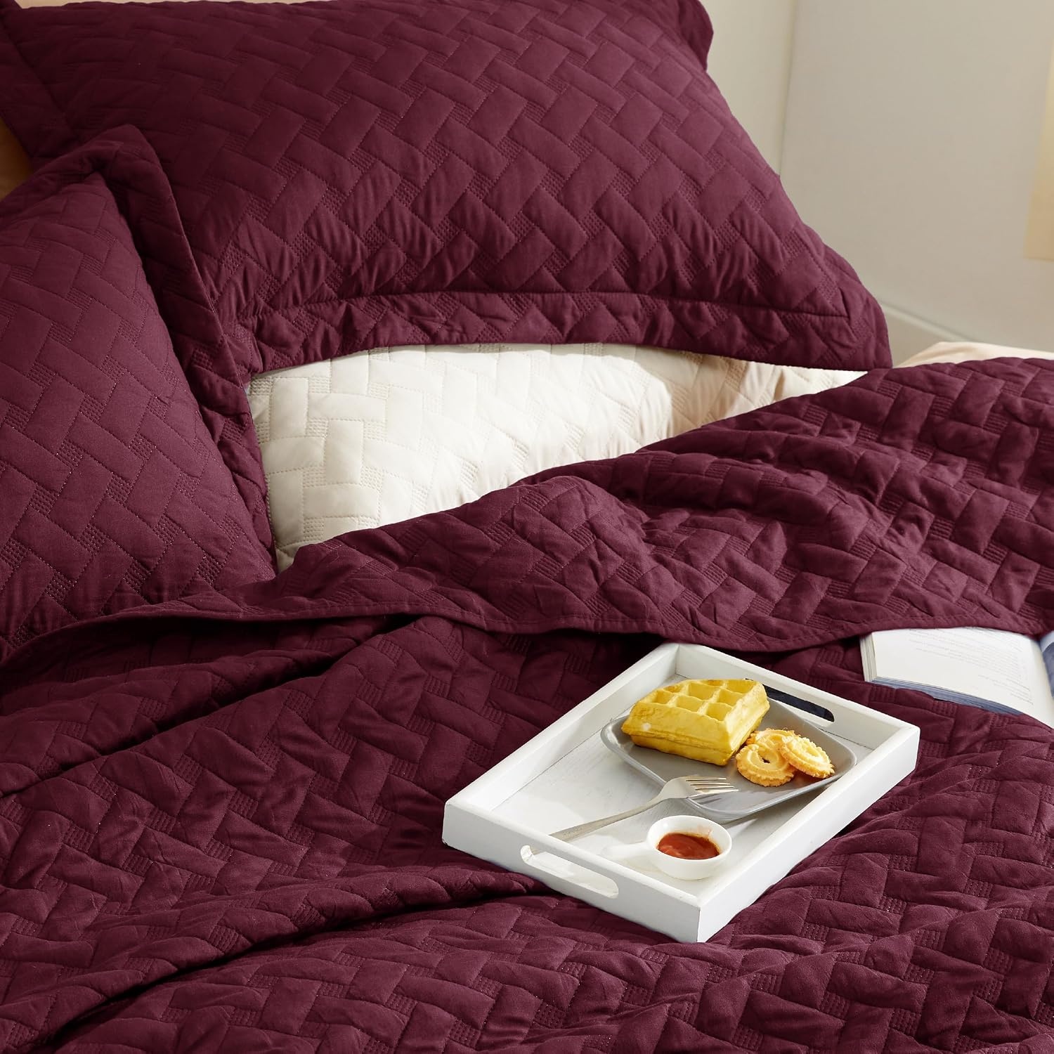image:imageBedsure Queen Size Quilt Lightweight Comforter Set Mineral Blue Bedspread Coverlet Basket Weave AllSeason Comfort SkinFriendly Soft Breathable Machine Washable 90x96 3 Pcs 2 Pillow Shams30 Burgundy