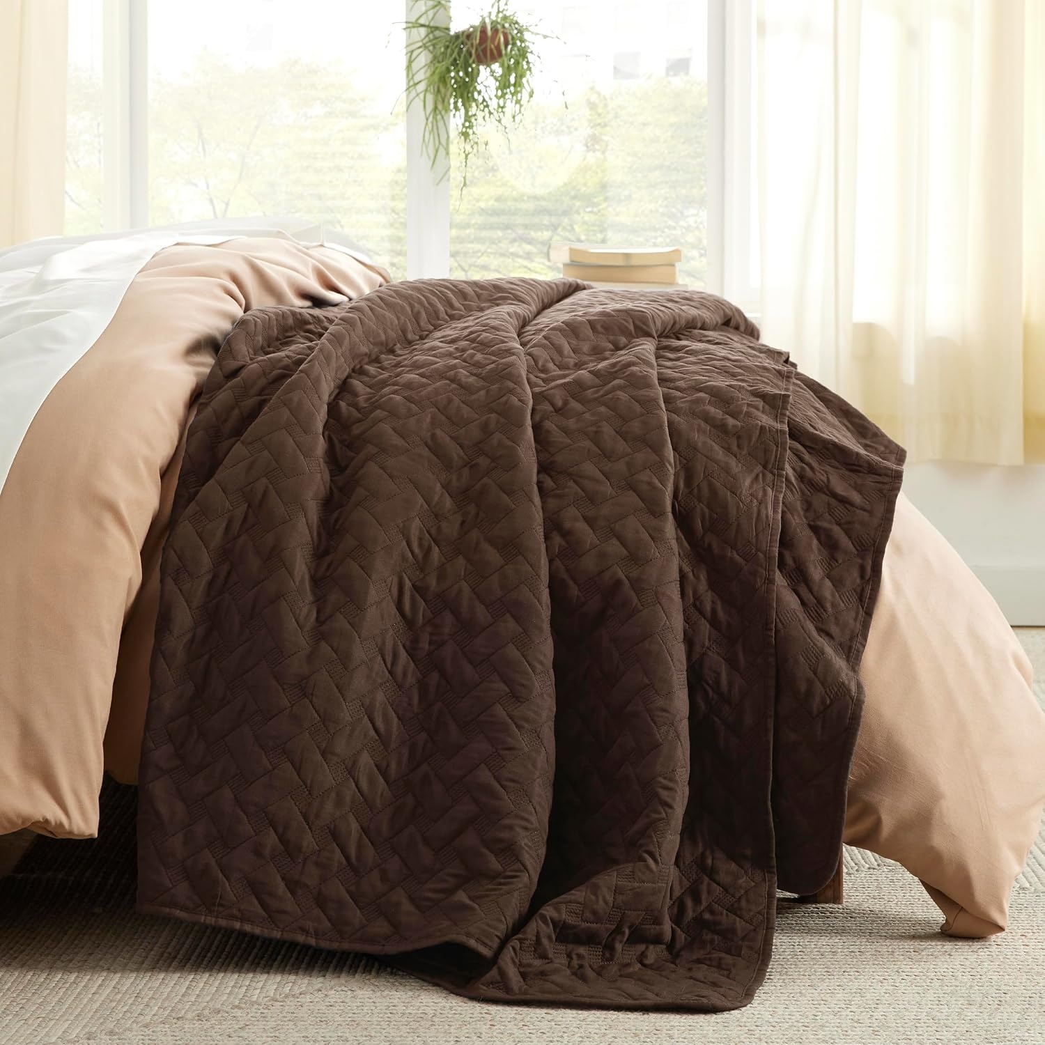 image:imageBedsure Queen Size Quilt Lightweight Comforter Set Mineral Blue Bedspread Coverlet Basket Weave AllSeason Comfort SkinFriendly Soft Breathable Machine Washable 90x96 3 Pcs 2 Pillow Shams21 Brown