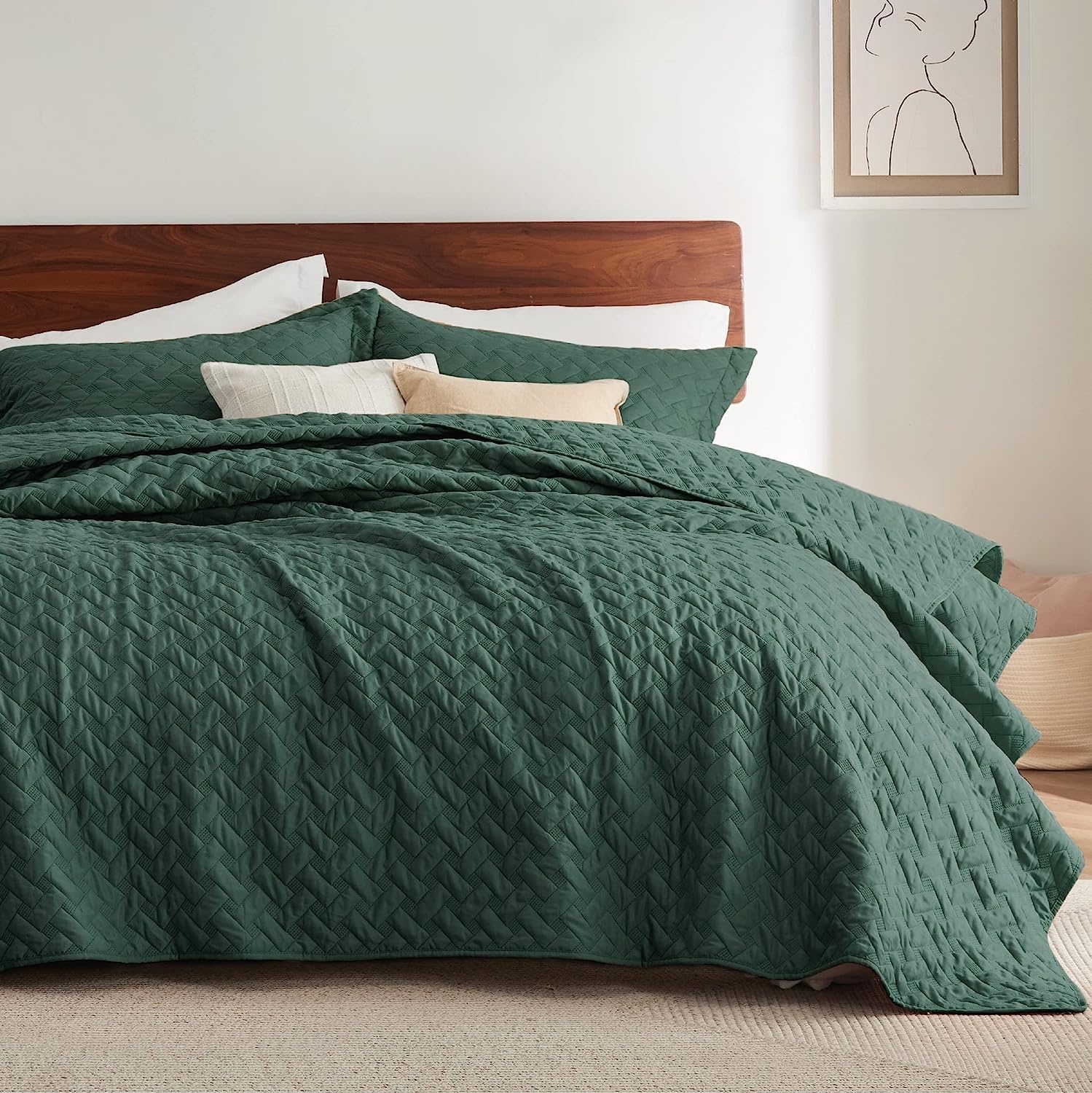 image:imageBedsure Queen Size Quilt Lightweight Comforter Set Mineral Blue Bedspread Coverlet Basket Weave AllSeason Comfort SkinFriendly Soft Breathable Machine Washable 90x96 3 Pcs 2 Pillow Shams07 Dark Green