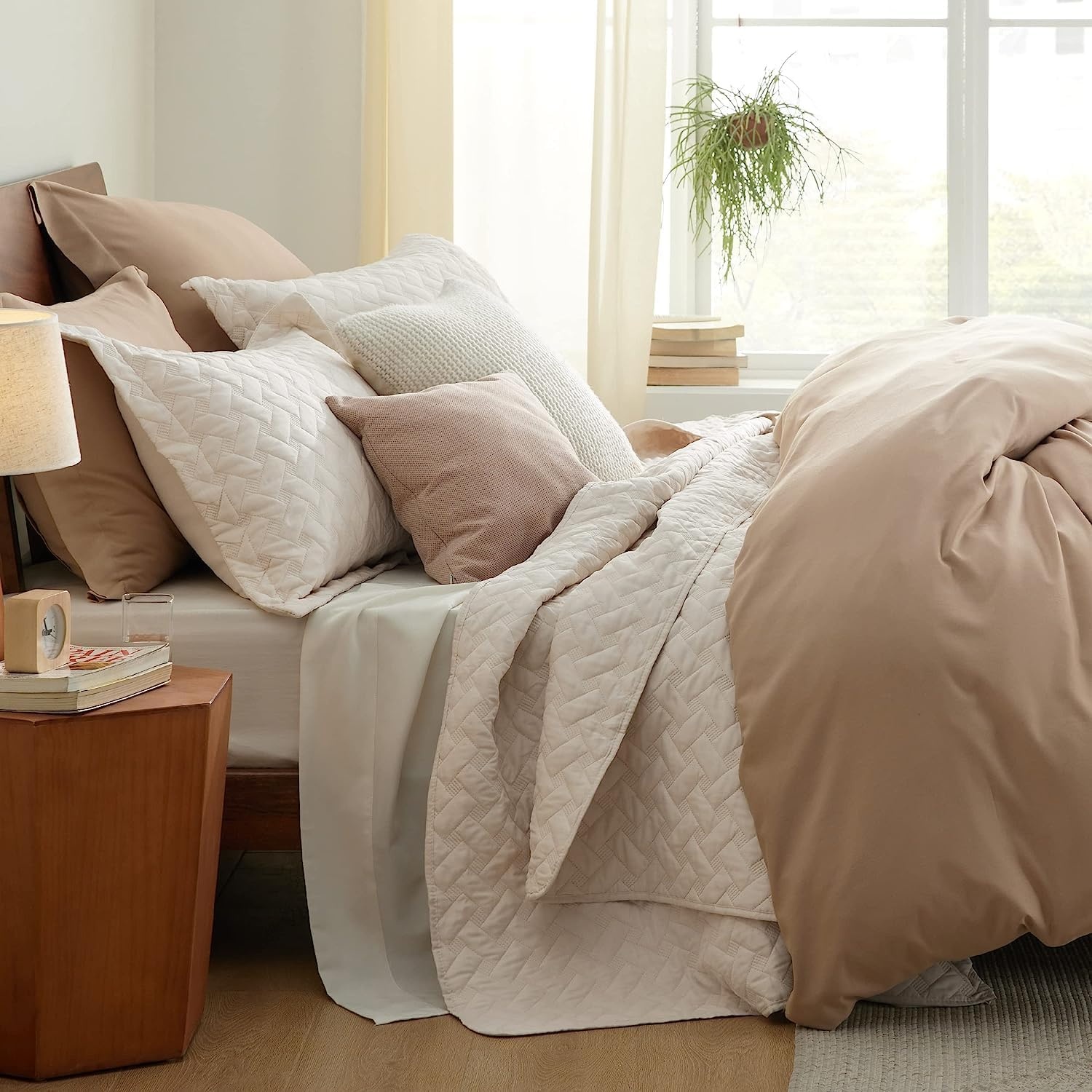 image:imageBedsure Queen Size Quilt Lightweight Comforter Set Mineral Blue Bedspread Coverlet Basket Weave AllSeason Comfort SkinFriendly Soft Breathable Machine Washable 90x96 3 Pcs 2 Pillow Shams16 Beige