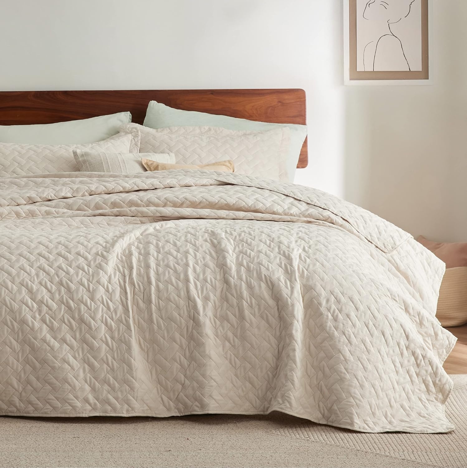 image:imageBedsure Queen Size Quilt Lightweight Comforter Set Mineral Blue Bedspread Coverlet Basket Weave AllSeason Comfort SkinFriendly Soft Breathable Machine Washable 90x96 3 Pcs 2 Pillow Shams16 Beige
