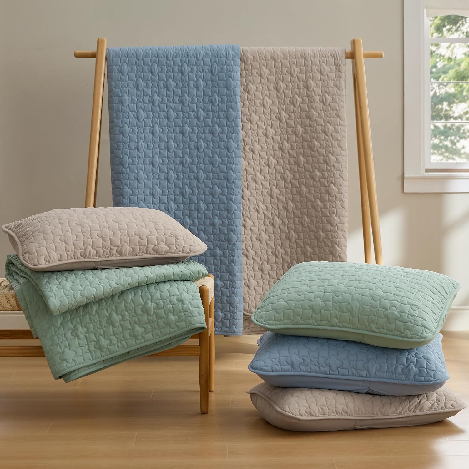 image:imageBedsure Queen Size Quilt Lightweight Comforter Set Mineral Blue Bedspread Coverlet Basket Weave AllSeason Comfort SkinFriendly Soft Breathable Machine Washable 90x96 3 Pcs 2 Pillow Shams11 Dusty Blue Lucky Star