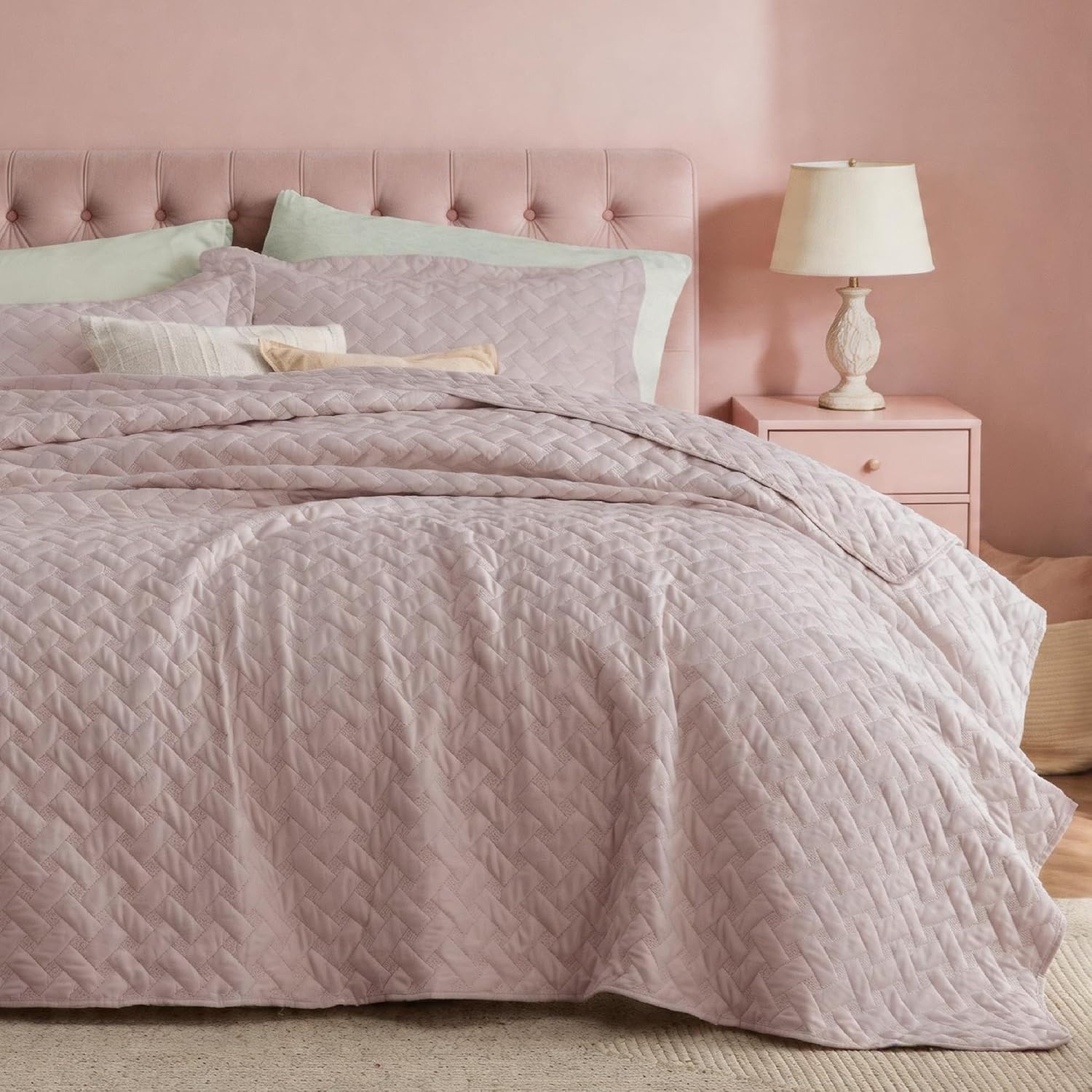 image:imageBedsure Queen Size Quilt Lightweight Comforter Set Mineral Blue Bedspread Coverlet Basket Weave AllSeason Comfort SkinFriendly Soft Breathable Machine Washable 90x96 3 Pcs 2 Pillow Shams23 Dusty Rose