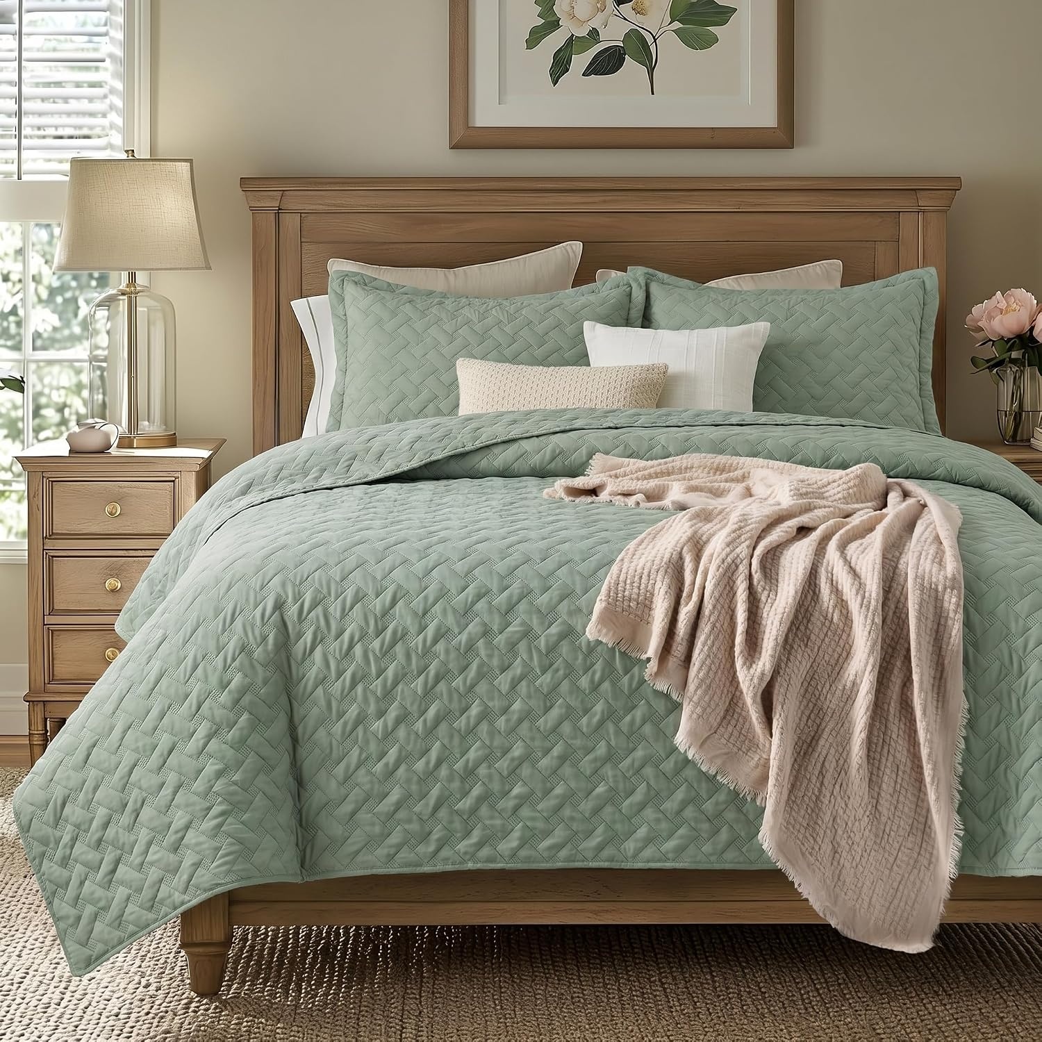 image:imageBedsure Queen Size Quilt Lightweight Comforter Set Mineral Blue Bedspread Coverlet Basket Weave AllSeason Comfort SkinFriendly Soft Breathable Machine Washable 90x96 3 Pcs 2 Pillow Shams08 Sage Green