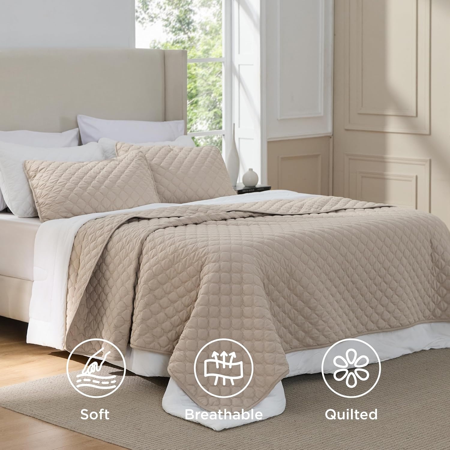 image:imageBedsure Queen Size Quilt Lightweight Comforter Set Mineral Blue Bedspread Coverlet Basket Weave AllSeason Comfort SkinFriendly Soft Breathable Machine Washable 90x96 3 Pcs 2 Pillow Shams13 Taupe Honeycomb