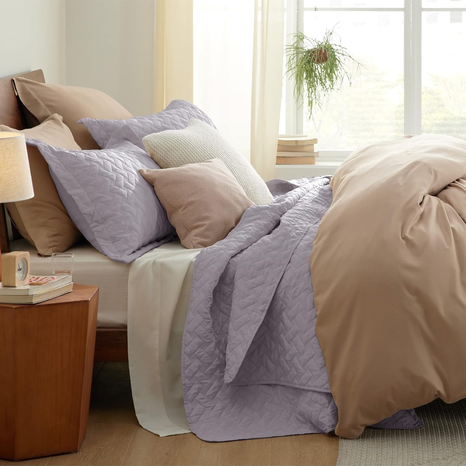 image:imageBedsure Queen Size Quilt Lightweight Comforter Set Mineral Blue Bedspread Coverlet Basket Weave AllSeason Comfort SkinFriendly Soft Breathable Machine Washable 90x96 3 Pcs 2 Pillow Shams22 Light Purple