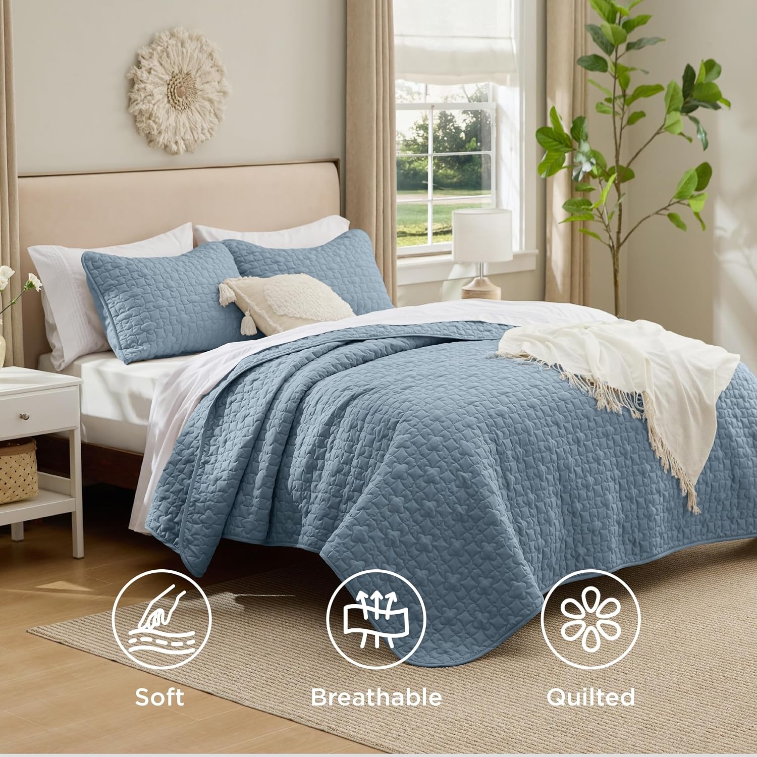 image:imageBedsure Queen Size Quilt Lightweight Comforter Set Mineral Blue Bedspread Coverlet Basket Weave AllSeason Comfort SkinFriendly Soft Breathable Machine Washable 90x96 3 Pcs 2 Pillow Shams11 Dusty Blue Lucky Star