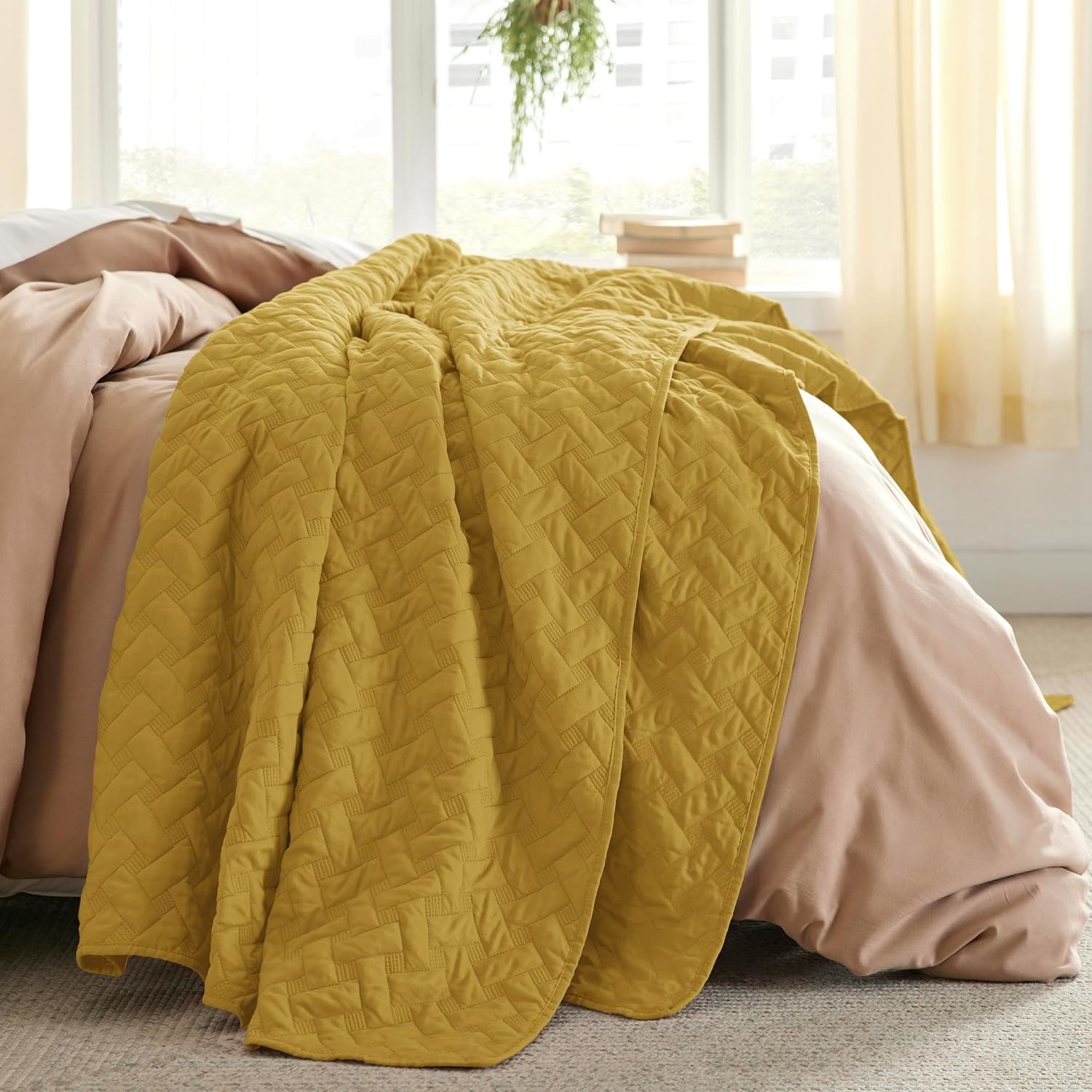 image:imageBedsure Queen Size Quilt Lightweight Comforter Set Mineral Blue Bedspread Coverlet Basket Weave AllSeason Comfort SkinFriendly Soft Breathable Machine Washable 90x96 3 Pcs 2 Pillow Shams26 Mustard Yellow
