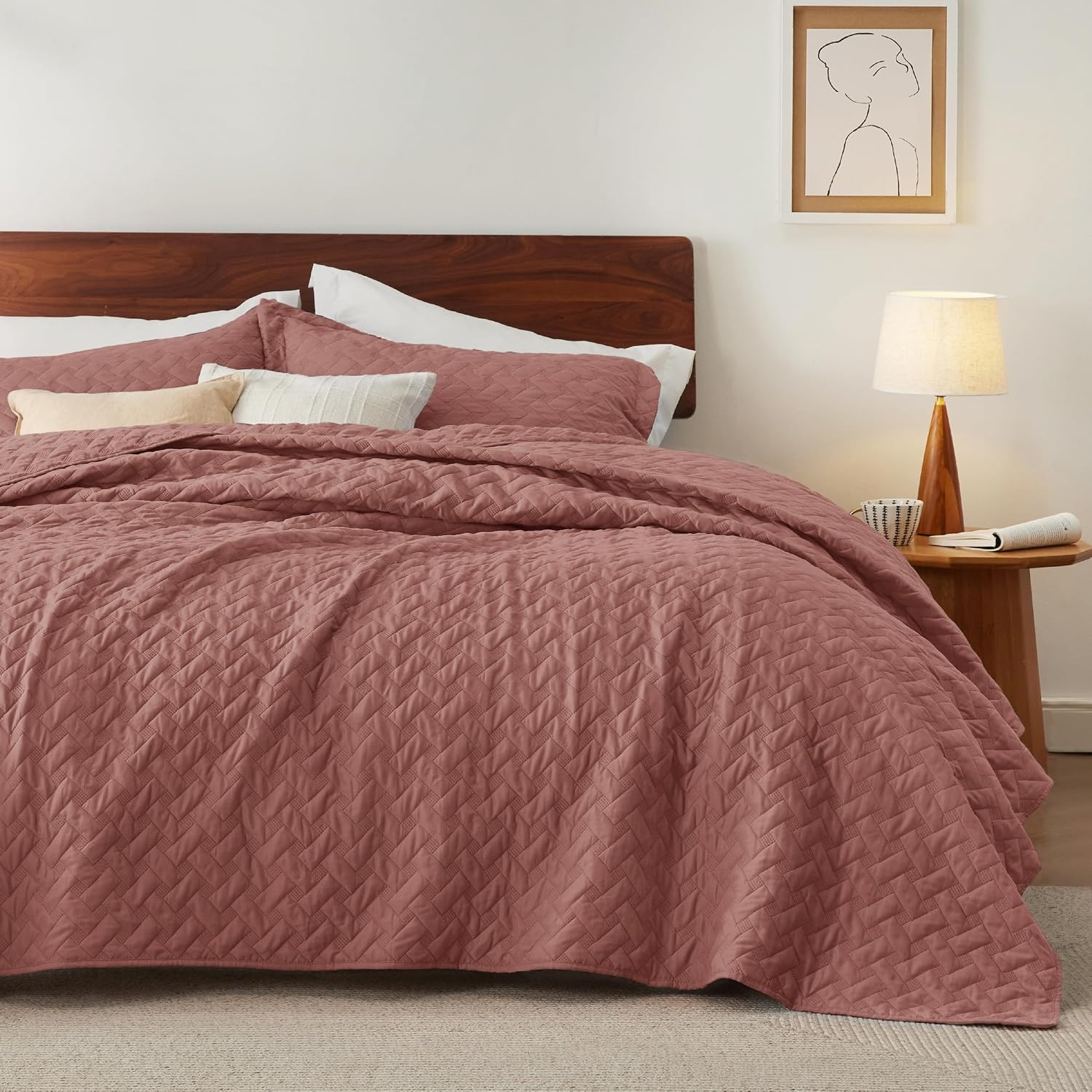 image:imageBedsure Queen Size Quilt Lightweight Comforter Set Mineral Blue Bedspread Coverlet Basket Weave AllSeason Comfort SkinFriendly Soft Breathable Machine Washable 90x96 3 Pcs 2 Pillow Shams24 Grayish Pink