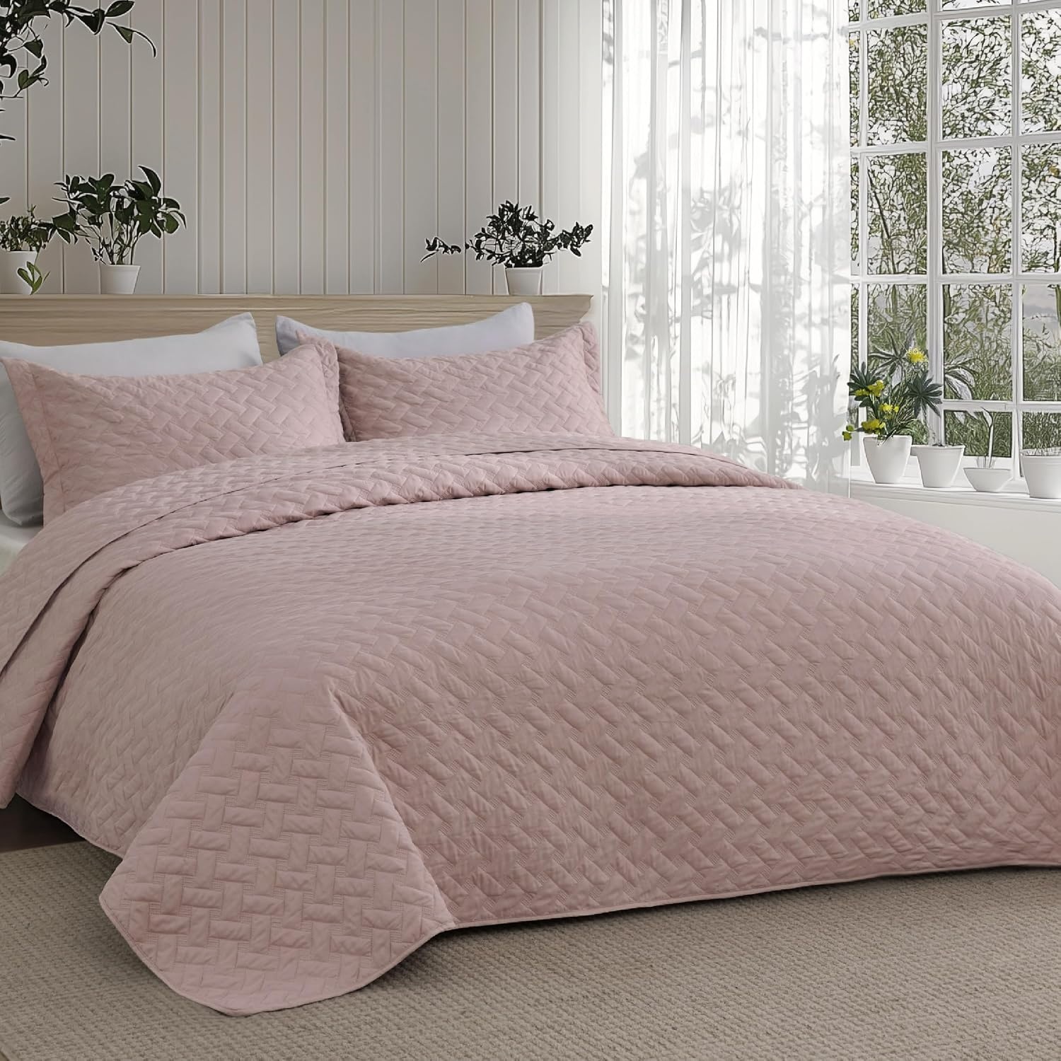 image:imageBedsure Queen Size Quilt Lightweight Comforter Set Mineral Blue Bedspread Coverlet Basket Weave AllSeason Comfort SkinFriendly Soft Breathable Machine Washable 90x96 3 Pcs 2 Pillow Shams23 Dusty Rose