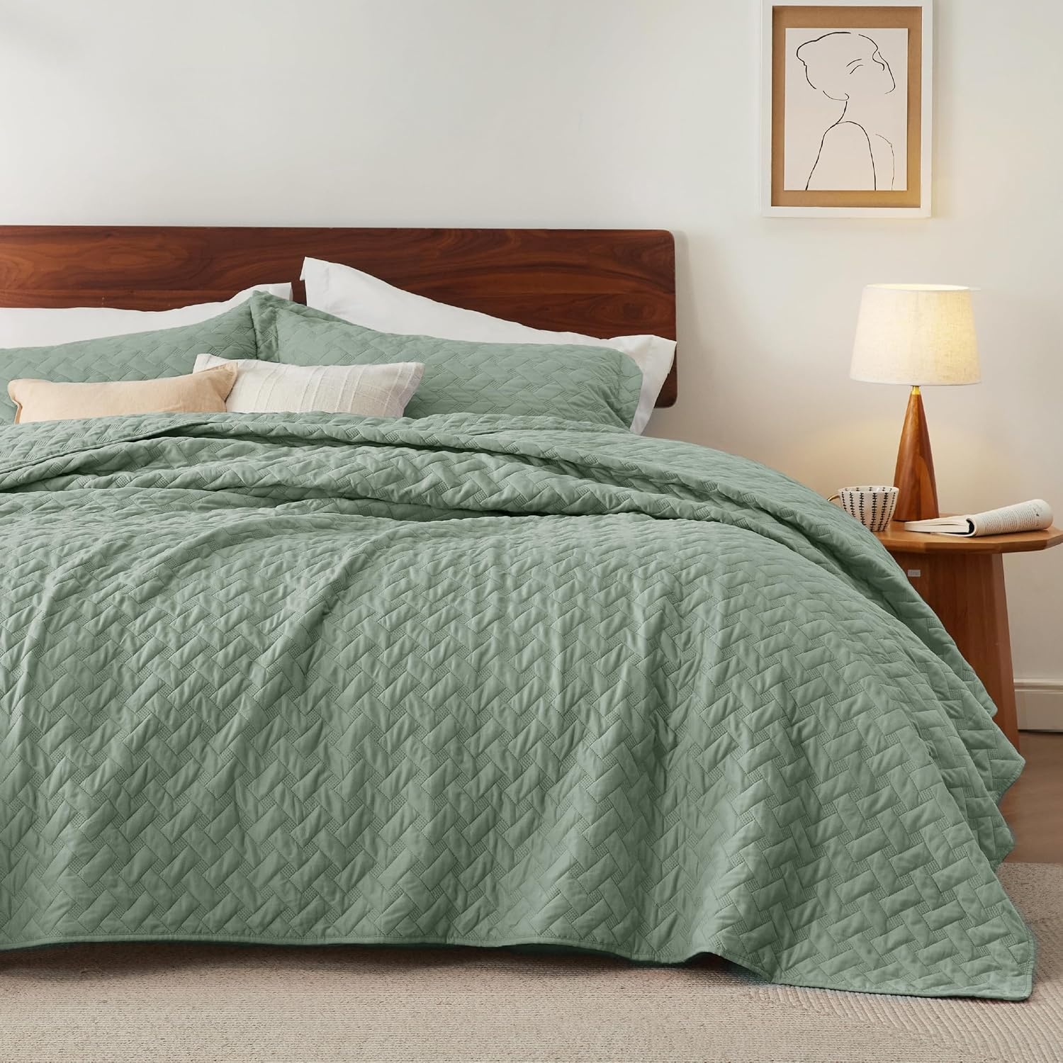 image:imageBedsure Queen Size Quilt Lightweight Comforter Set Mineral Blue Bedspread Coverlet Basket Weave AllSeason Comfort SkinFriendly Soft Breathable Machine Washable 90x96 3 Pcs 2 Pillow Shams08 Sage Green